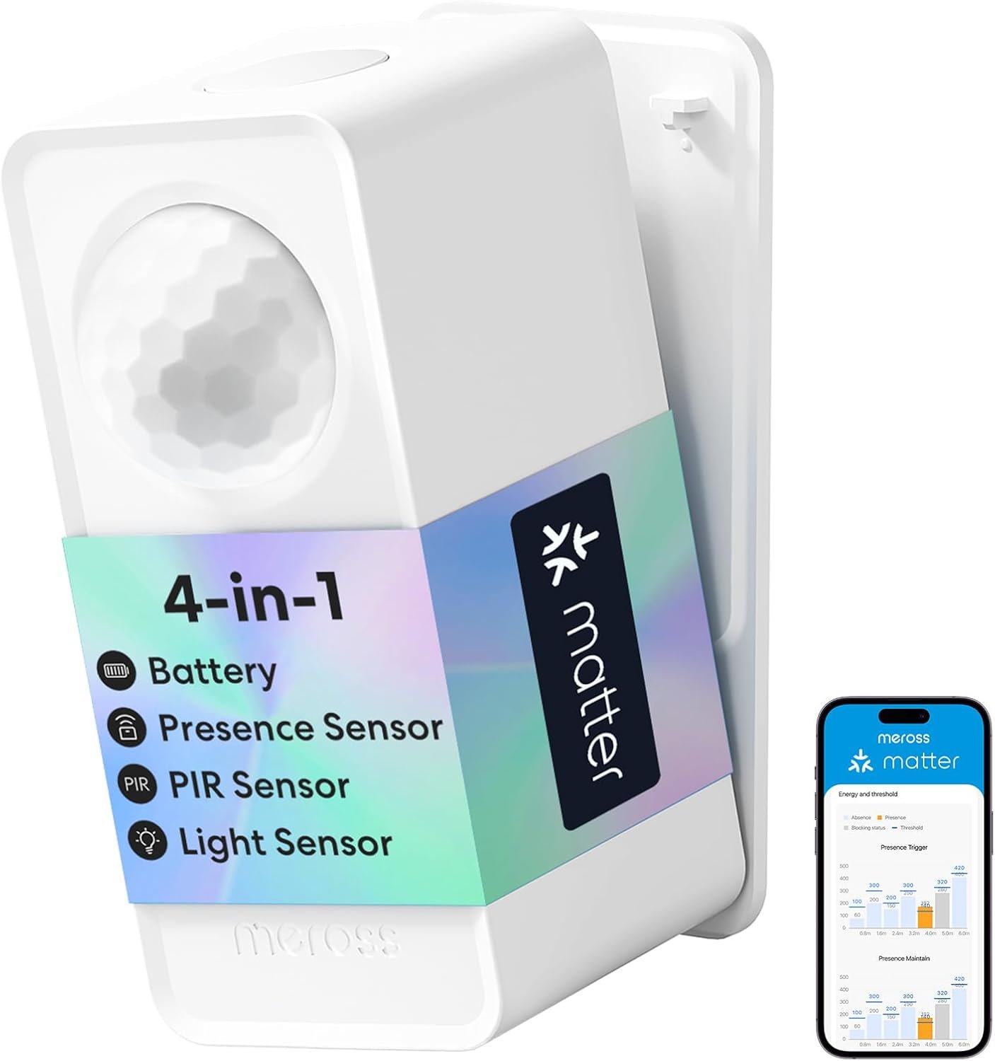 meross Matter Presence Sensor MS605, Battery-Powered 4-in-1 Smart Motion Sensor with AI Learning, IP67 PIR & Light & mmWave Radar, Matter Over Thread, Supports Home Assistant, HomeKit, Alexa (1 Pack)
