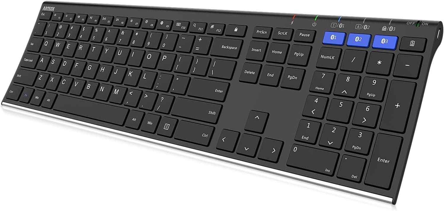 Arteck HB192 Universal Bluetooth Keyboard Multi-Device Stainless Steel Full Size Wireless Keyboard for Windows iOS Android Computer Desktop Laptop Surface Tablet Smartphone Rechargeable Battery