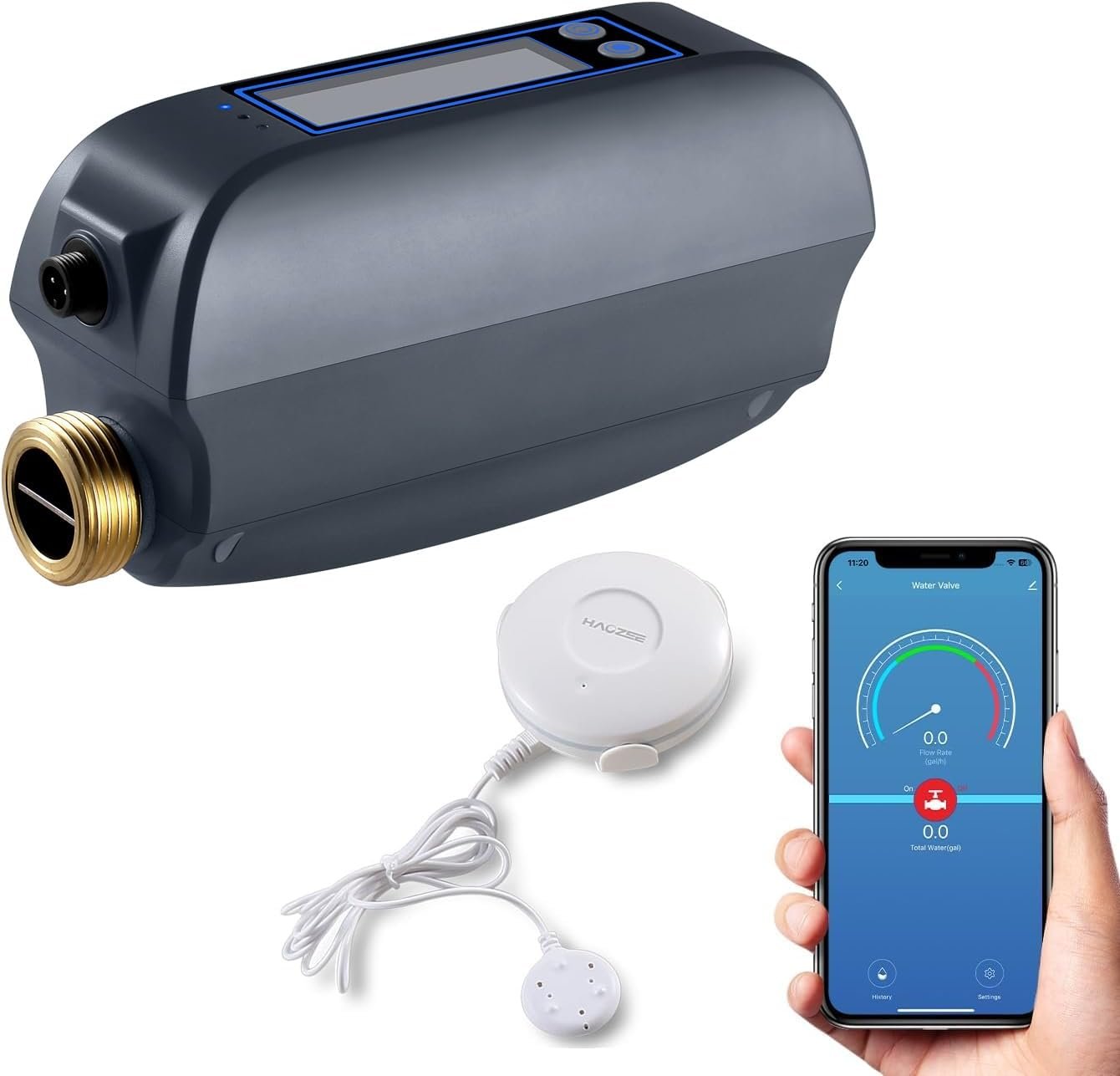 Haozee WiFi Smart Water Valve and Auto Shut-Off, Automation Scene Works with Leak Detector, Water Flow Meter, Built-in Battery, for 3/4″ Diameter DN20 Pipe