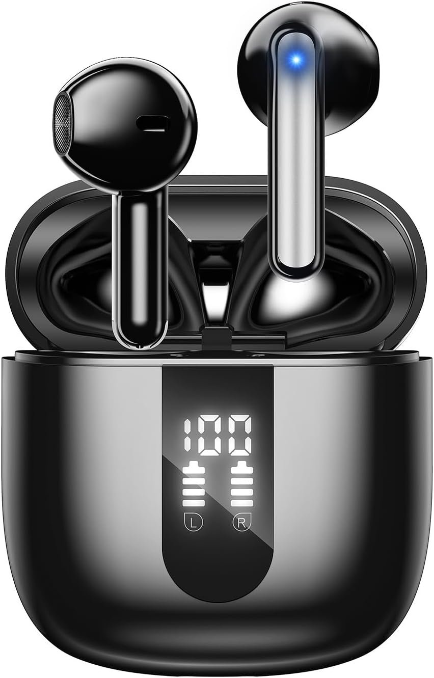 Bluetooth Earbuds Wireless Headphones, 60H Deep Bass Ear Buds with 4 Noise Cancelling Microphone, IP5 Waterproof Earphones for iPhone Android Sports audifonos Bluetooth inalambricos (Deep Black)