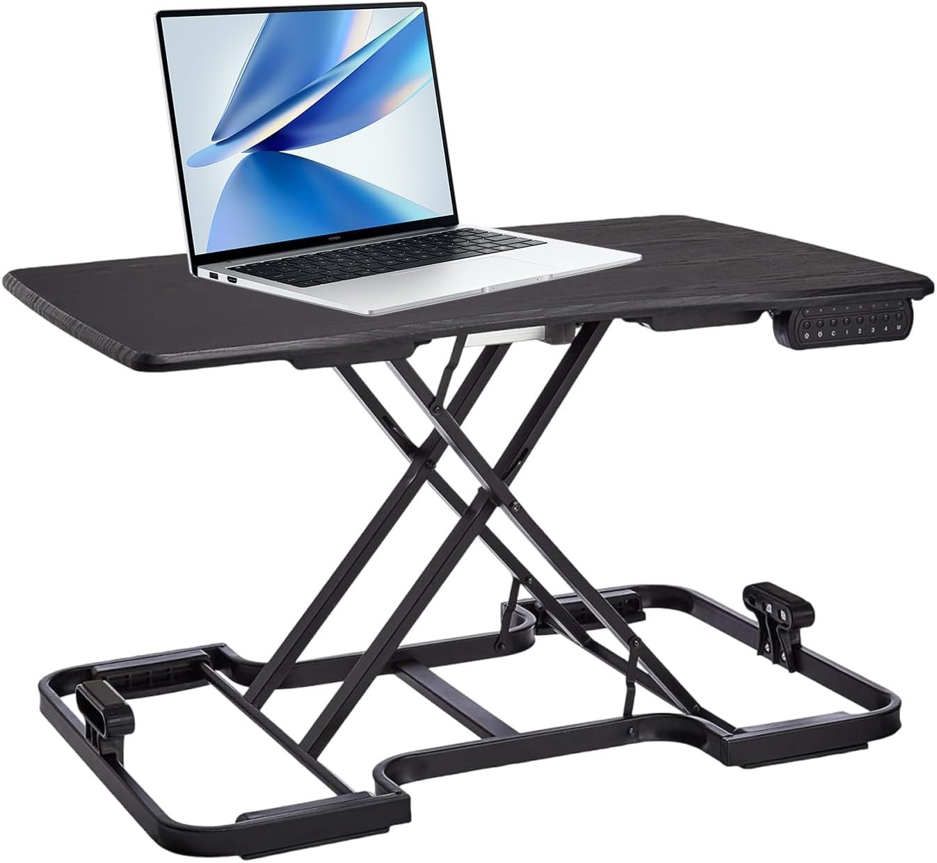 Electric Standing Desk Converter, 32 Inch Height Adjustable Sit Stand Desktop Riser, 5-Level Portable Computer Workstation with Wood Surface, Black