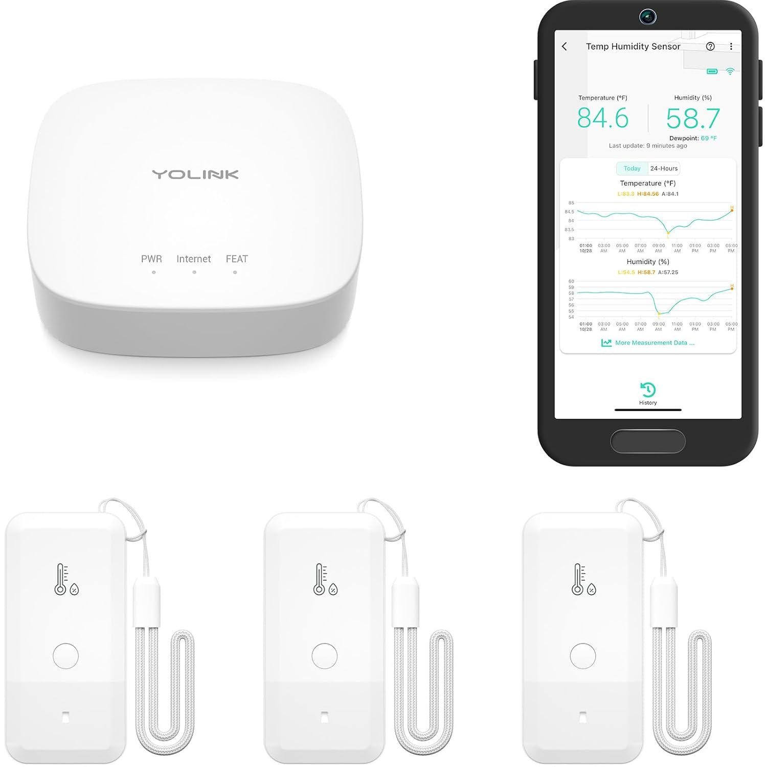 YoLink Smart Wireless Thermometer Hygrometer, 3-Pack, Wide Temp Range for Freezer, Fridge, Green House, Pet Cage, App Alerts, Emails, Text/SMS alerts, 5 Years Battery Life- Hub Included