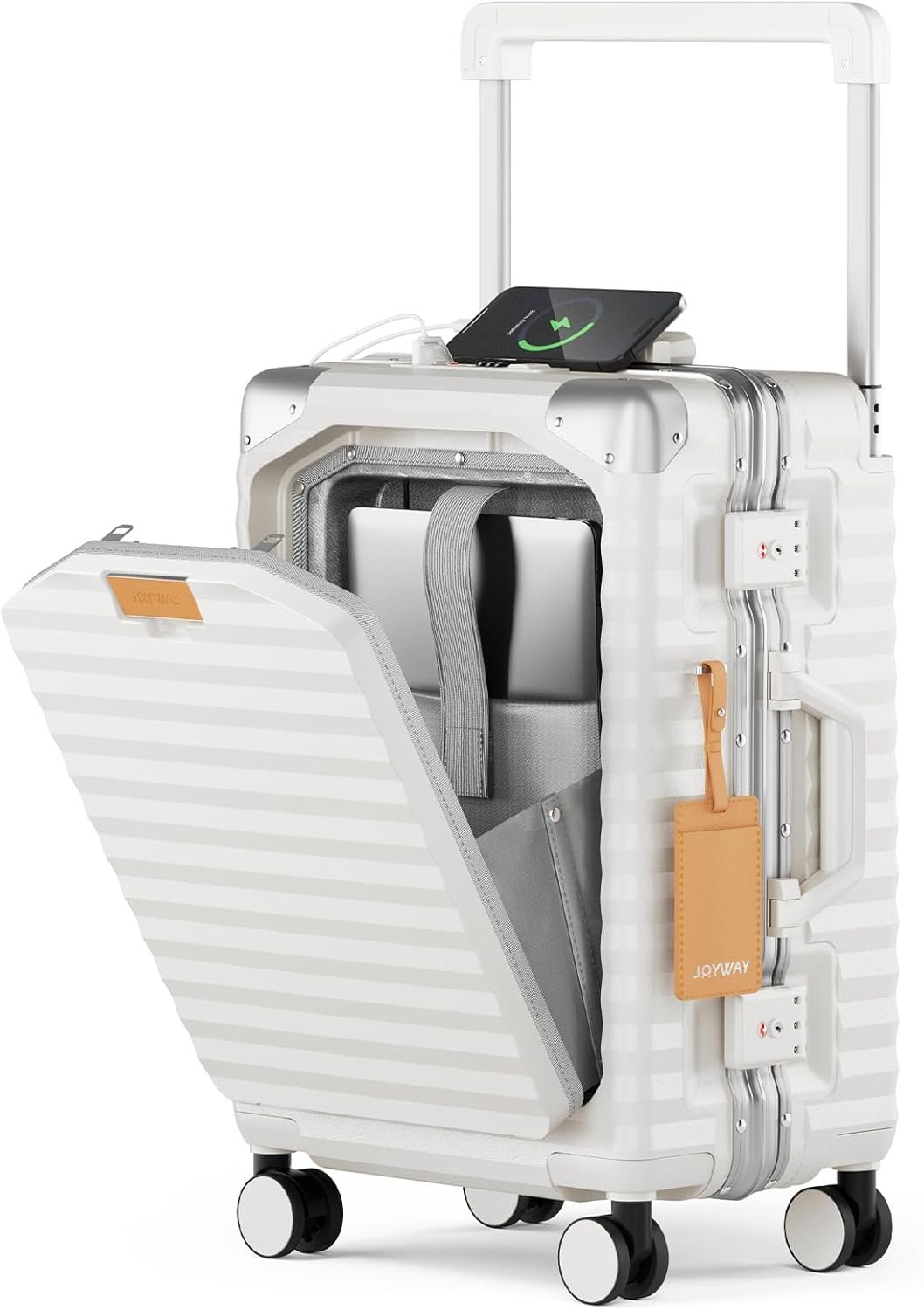 Joyway 20 Inch Carry on Luggage with Aluminium Frame and Front Pocket, PC Hardshell Suitcase with USB Port and Cup Holder, 21.5×14.2×9 Airline Approved, Luggage with Spinner Wheels and TSA Lock(White)