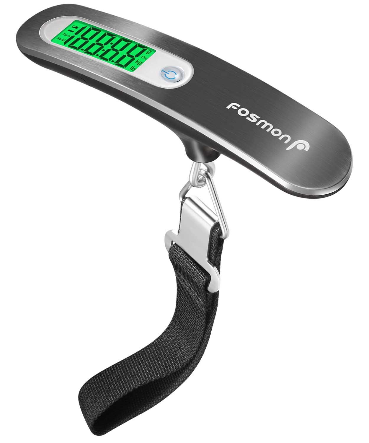 Fosmon Digital Luggage Scale, Digitial LCD Display Backlight Baggage Scale with 110lbs Capacity, Portable Stainless Steel Hanging Luggage Weight Scale with Tare Function for Travelers – Silver