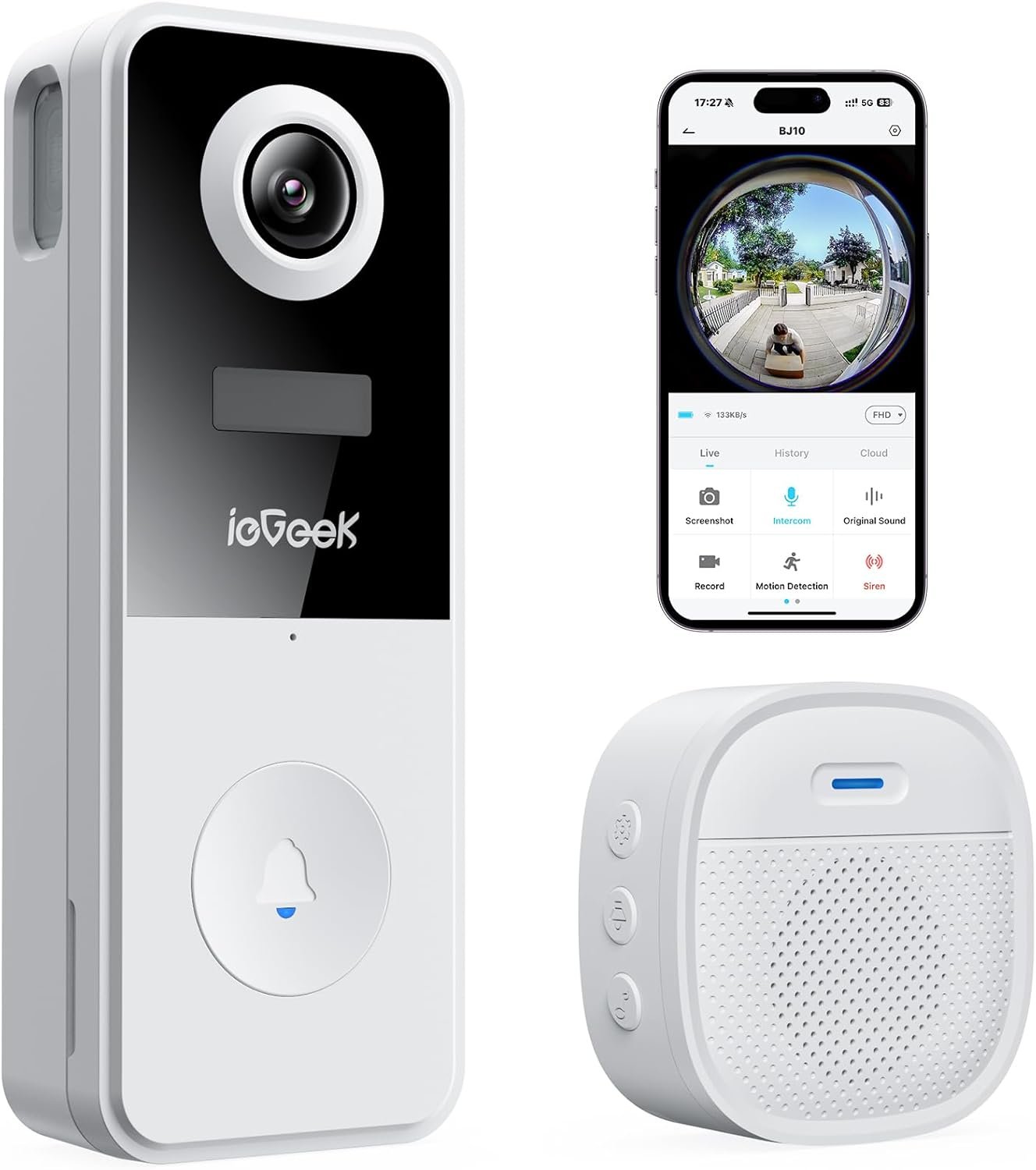 ieGeek Video Doorbell Camera Wireless, Head-to-Toe 180° Ultra View Battery Powered, No Subscription Fee, 2K 3MP HD, Smart Motion Detection, Real-time Alerts, Local/Cloud Storage, Only 2.4GHz WiFi