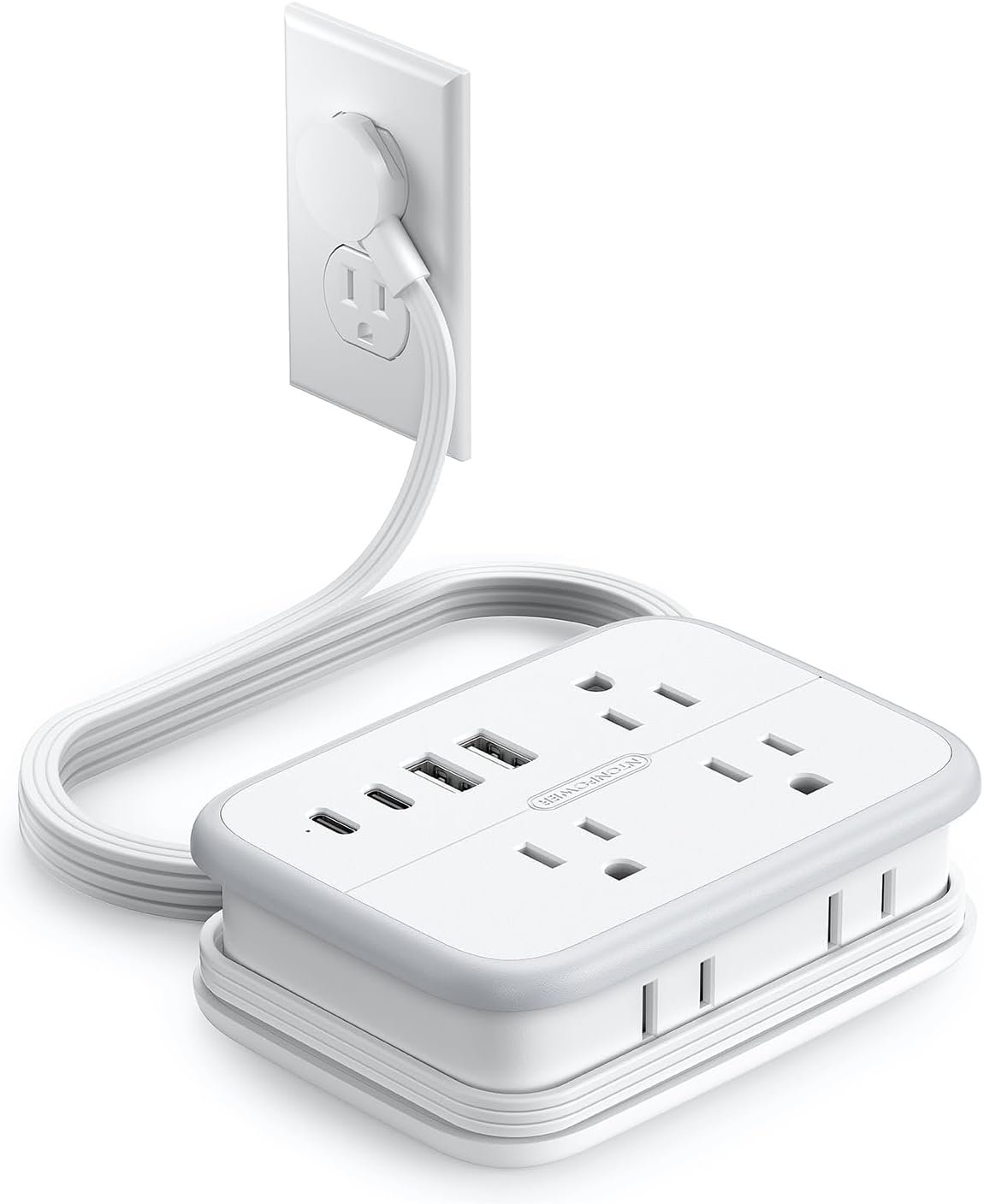 NTONPOWER 10 in 1 Travel Power Strip, 6 Outlets 4 USB Ports(2 USB C), 4ft Extension Cord Wrapped Around Small Power Strip, Compact for Travel, Hotel, Cruise Approved, White