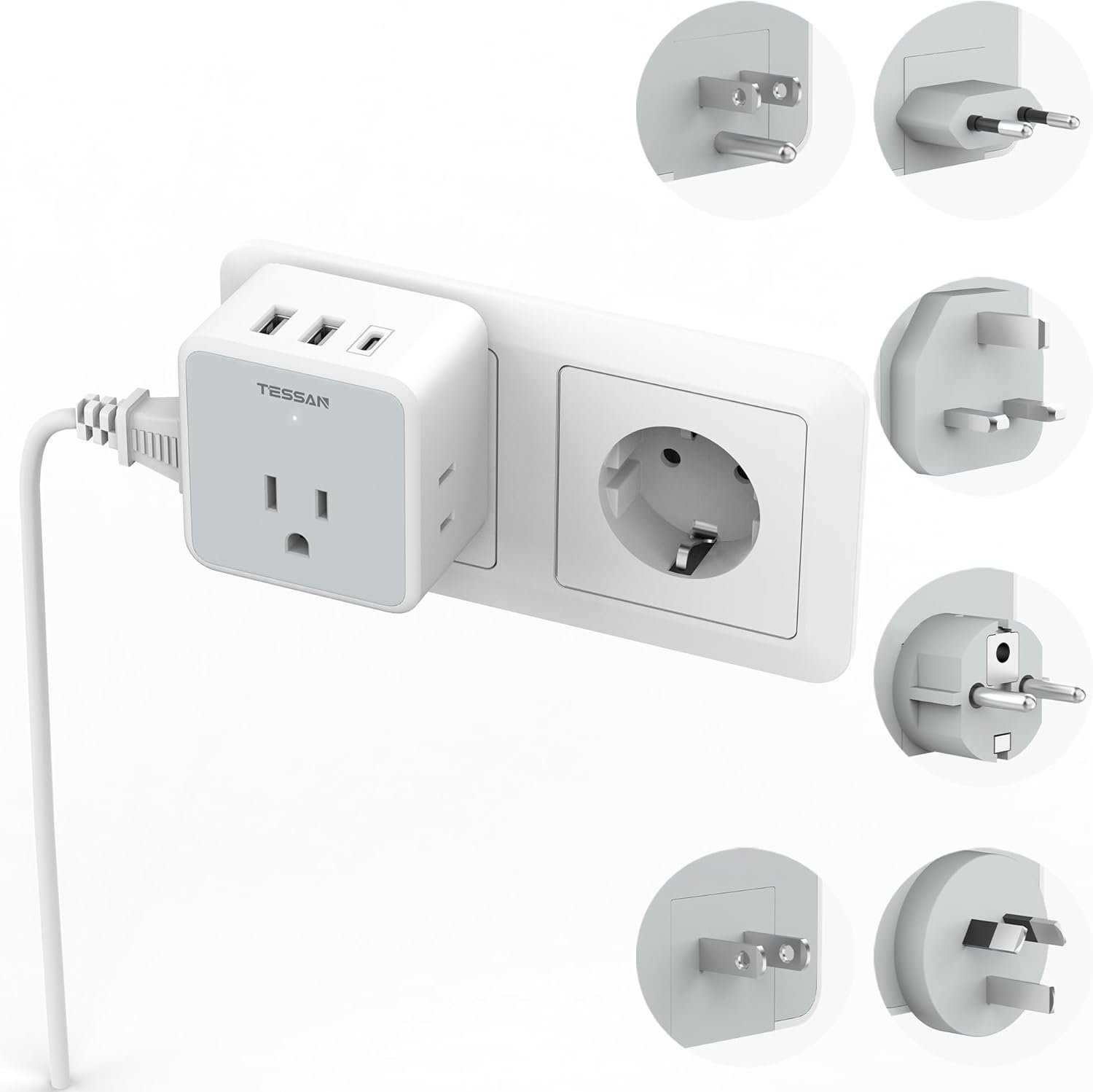 TESSAN Universal Travel Adapter Kit, 6-in-1 International Power Adapter with 3 USB (1 USB C) and 3 AC Outlets, Wordwide Adaptor Supports Type C, G, E/F, I, A, B for US EU UK Australia Japan, Grey