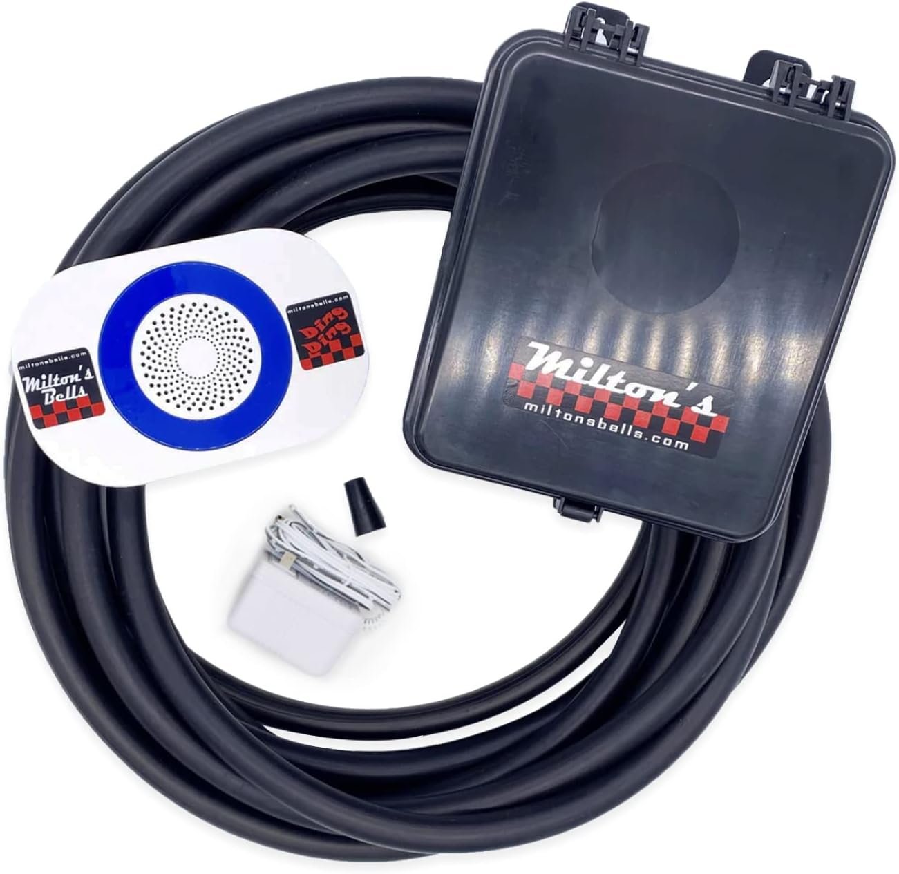 Milton’s Bells Driveway Alarm – Wireless Chime Kit with 25′ Signal Hose, Transmitter, and Door Chime with Built-in Volume Control
