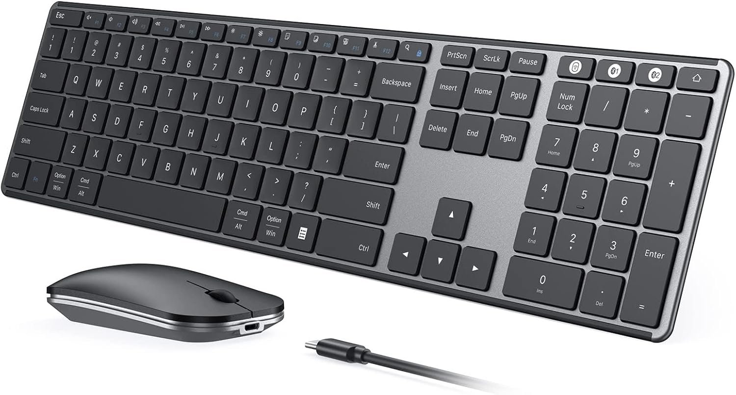 seenda Wireless Bluetooth Keyboard and Mouse Combo, SKM64-3 Rechargeable Slim Quiet Keyboard Mouse, 3 Multi-Device Connection, Compatible for Windows 11/10 PC Laptop Mac MacBook iPad, Black Gray