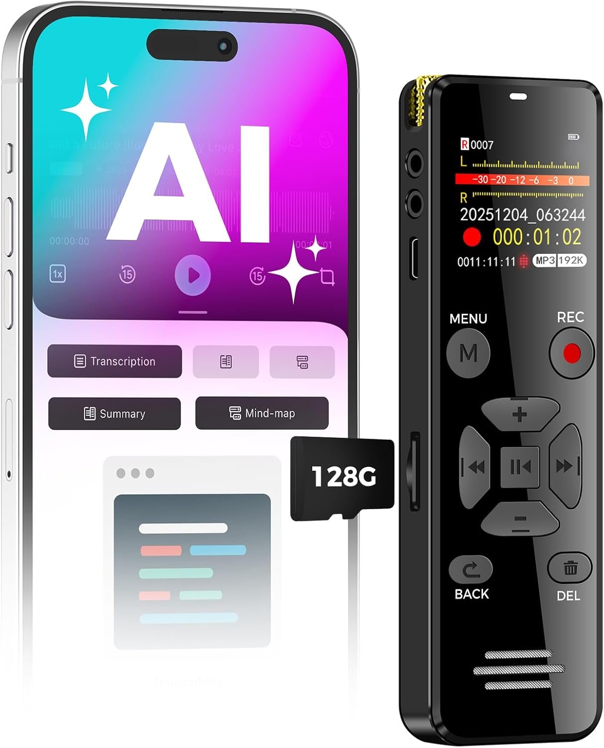 AI Digital Voice Recorder 128GB: AI Transcribe & Summarize Voice Activated Recorder with Playback | OTG – Portable Tape Recorder for Meeting & Lectures