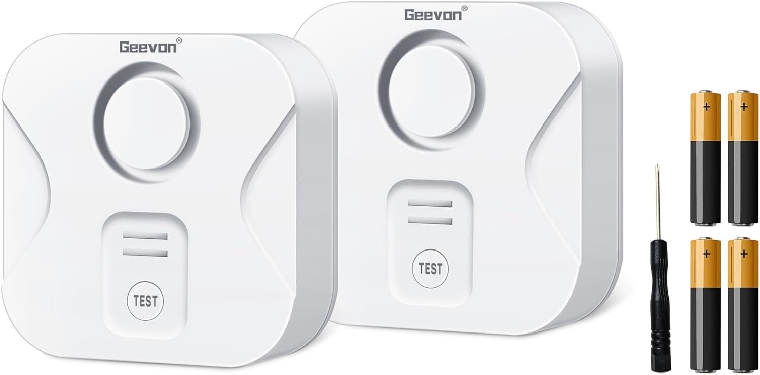 Geevon 2 Pack Water Leak Detectors for Home, 100dB Water Sensor Alarm Flood Leakage Detection Devices for Bathroom, Basements, Laundry Rooms, Kitchen, IP56 Waterproof(Battery＆Screwdriver Included)