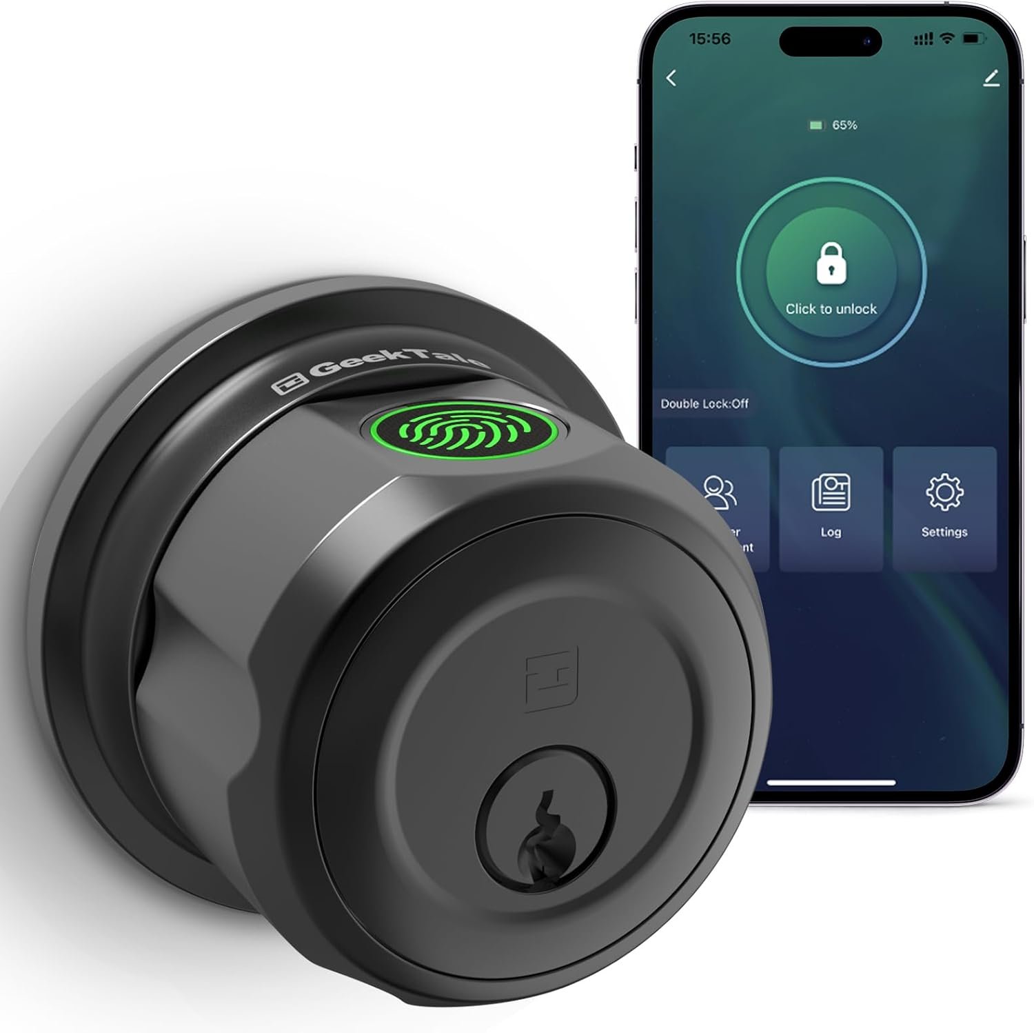 GeekTale Smart Deadbolt, Fingerprint Deadbolt Lock, Fingerprint Door Knob with Lock, Keyless Deadbolt, Keyless Entry Door Lock with App, for Front Door, Garage, Easy Installation