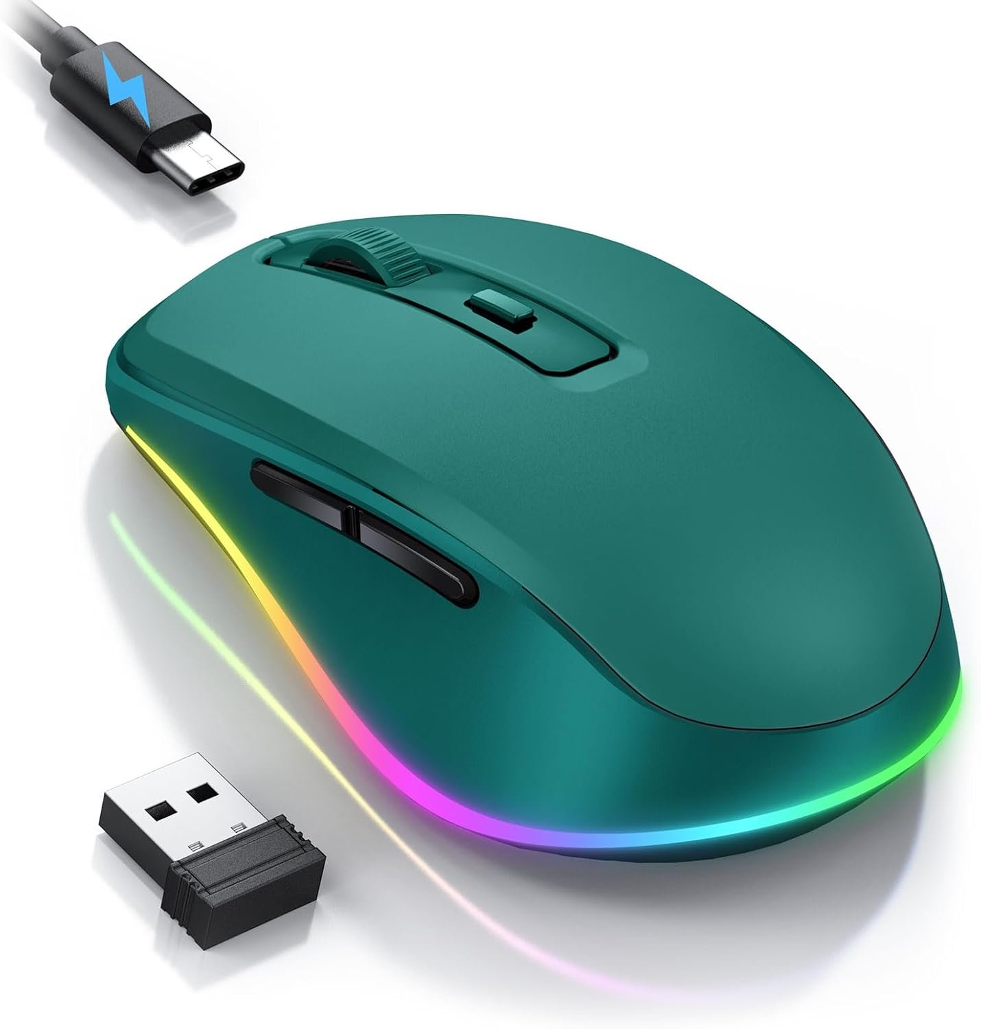PEIOUS Wireless Mouse Jiggler – LED Wireless Mice with Build-in Mouse Mover, Rechargeable Moving Mouse for Laptop with Undetectable Random Movement Keeps Computers Awake – Dark Green