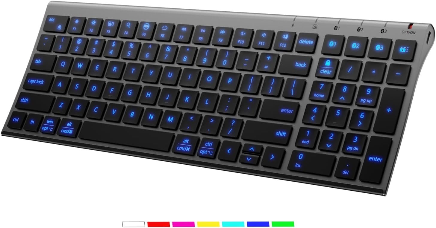 iClever Backlit Bluetooth Keyboard for Mac, BK10 Pro Ultra Slim Wireless Keyboard, Multi-Device, 7-Color Backlight, Standard Full-Size Keys, Rechargeable Compatible with Mac, Windows, iPad, Android