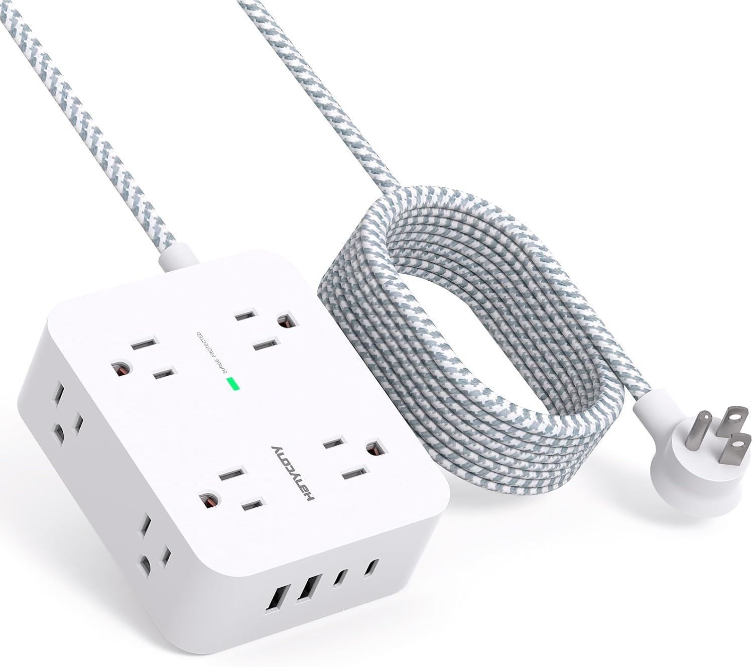 10 Ft Surge Protector Power Strip, HANYCONY Extension Cord with 8 AC Outlets 4 USB (2 USB C) Ports, Flat Plug, Wall Mount Desk USB Charging Station for Home