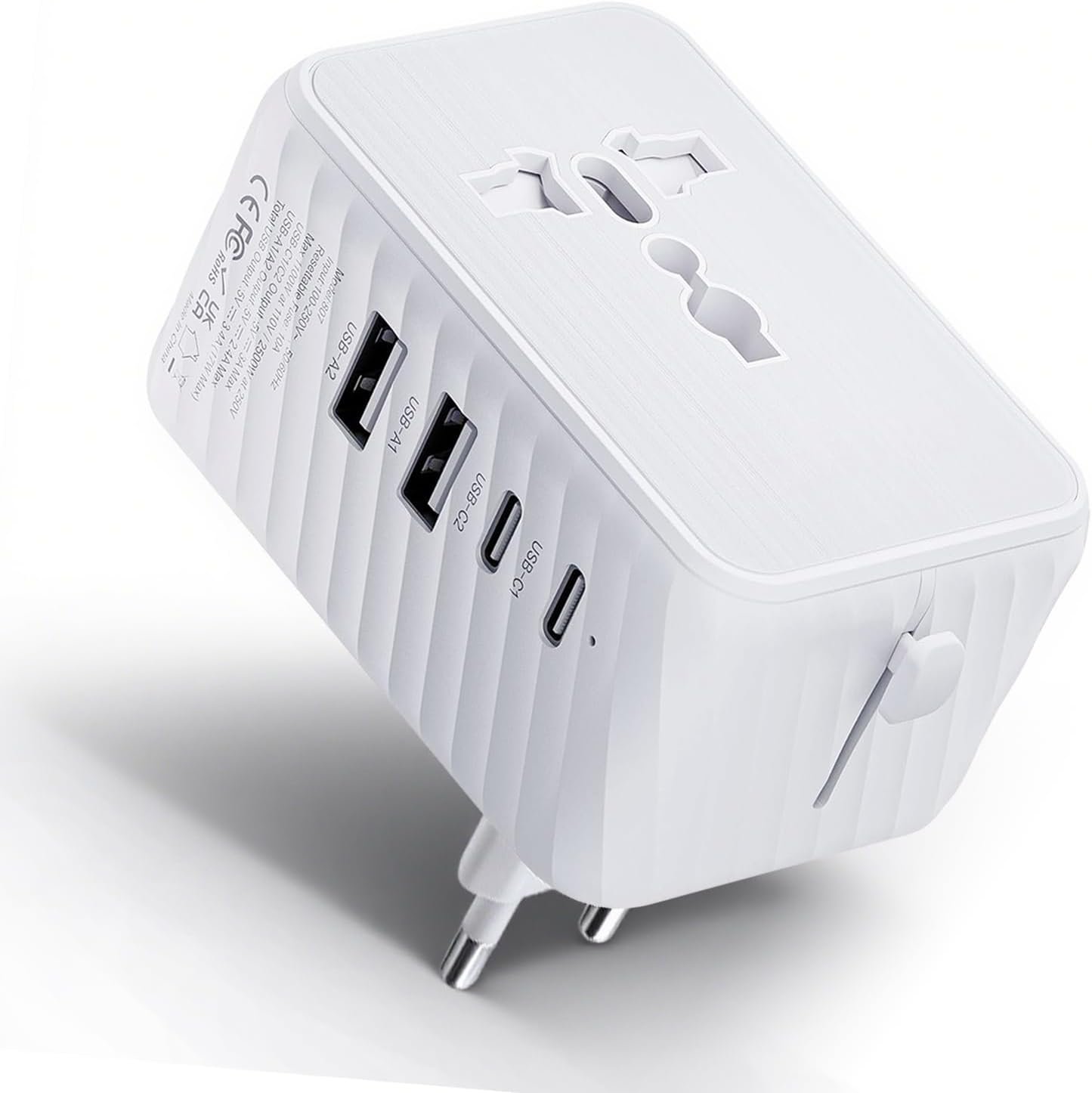 Universal Travel Adapter – Worldwide Power Plug Converter for US, UK, EU, AU with Type-C & USB-A Ports – European Travel Plug Adapter, International Power Adapter (White)