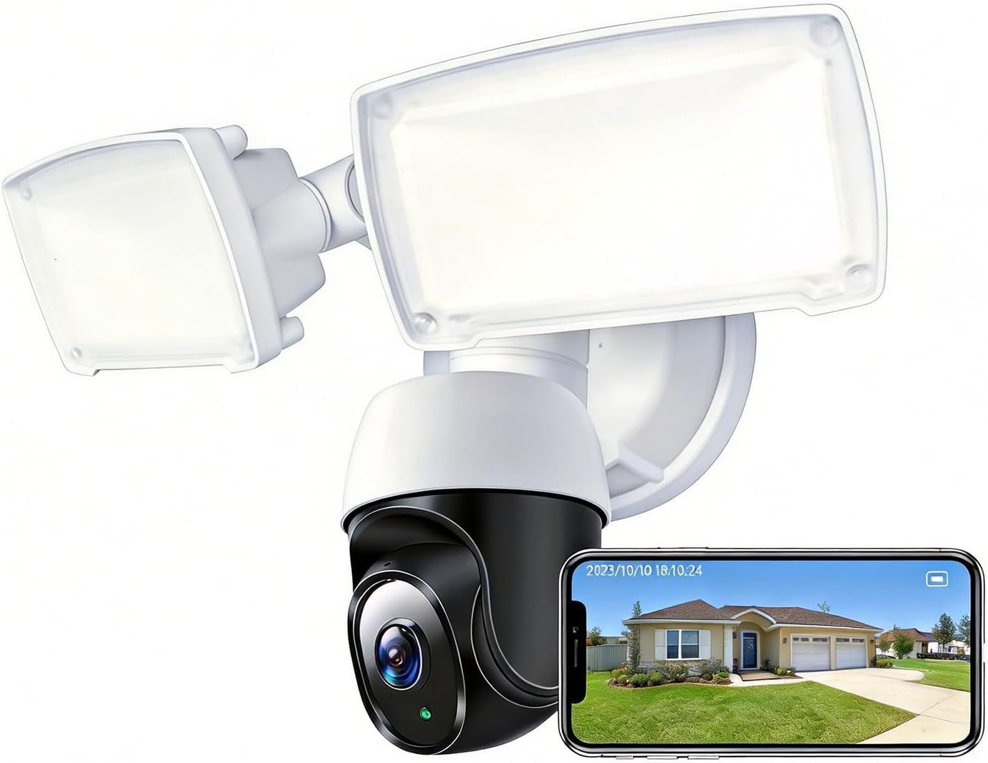 PTZ Security Camera with Floodlight, 360° Auto Tracking 1080P, 2500 Lumens, Color Night Vision, Weatherproof, 90dB Siren, Includes 64GB TF Card & Plug-in Adapter