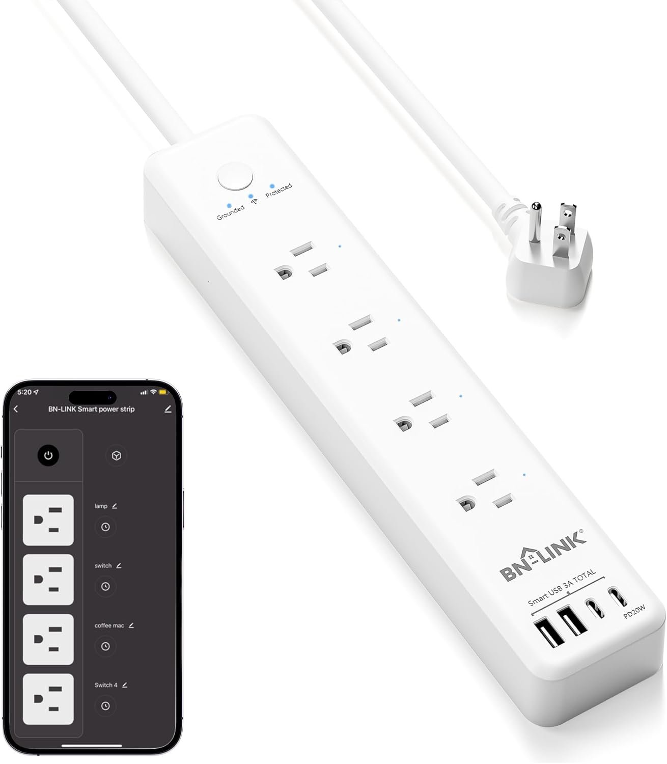 BN LINK Smart Plug Power Strip，Surge Protector with 4 Individually Controlled Smart Outlets, 4 USBs (incl. 20W USB-C), Compatible with Alexa and Google Home