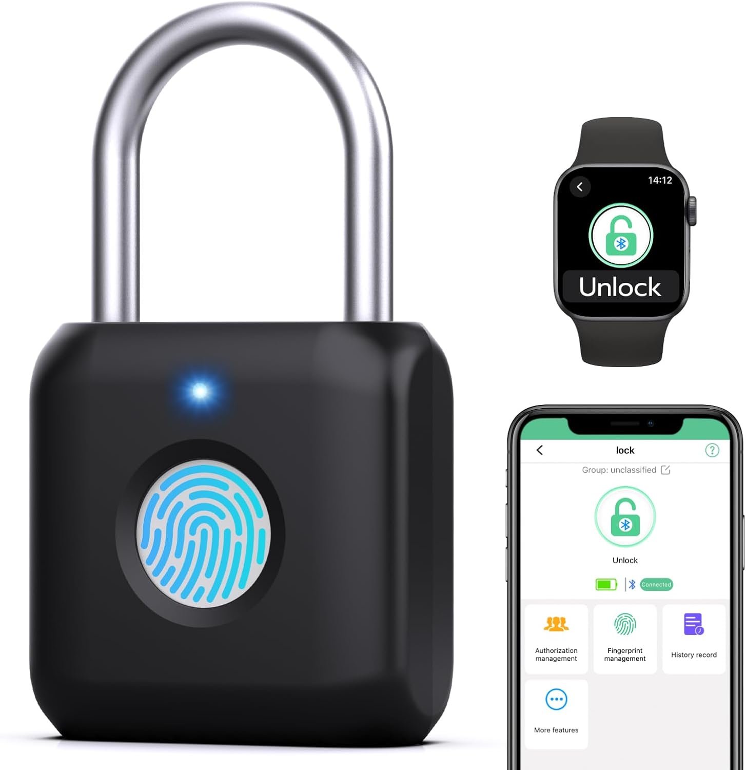 Fingerprint Padlock,Gym Locker Lock,Smart Padlock Bluetooth APP Control,Fingerprint Lock USB Rechargeable for Gym Locker,Locker, School,Storage Black