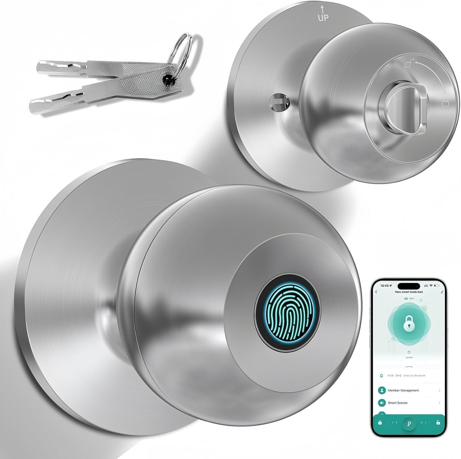 Usteetic Fingerprint Door Knob Lock with App Control & Key, Smart Biometric Door Lock for Bedroom & Front Door, Type-C Emergency Charging, Keyless Entry for Home Apartment Office (Silvery)