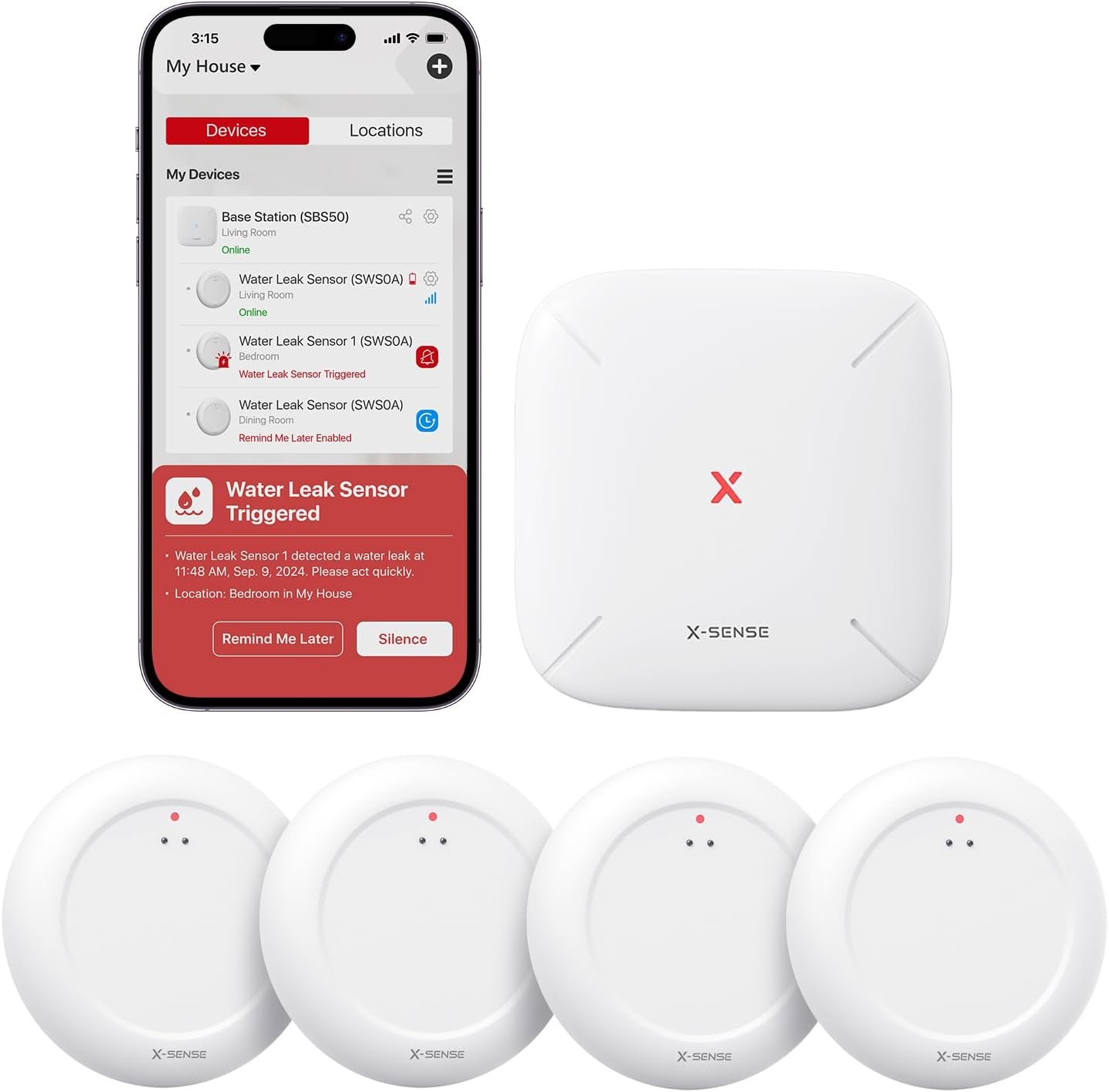 X-Sense Wi-Fi Water Leak Detector Kit, Smart Water Sensor Alarm with App Alerts and Ultra-Slim Design, Water Alarm Leak Detector for Basements, 4 Water Sensors and 1 Base Station, Model SWS0A41