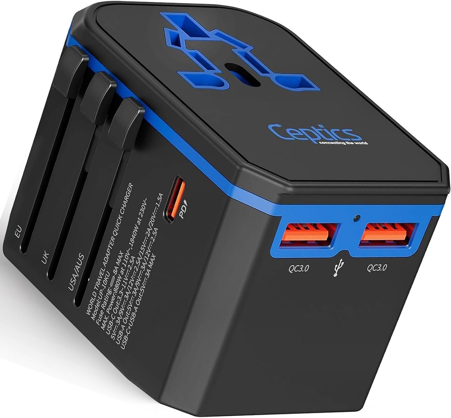 Ceptics International Power Adapter, World Travel adapter w/ PD 30W USB-C – 2 USB-A Ports Universal Adapter, Type A C G I Output for worldwide use, UP-10KU