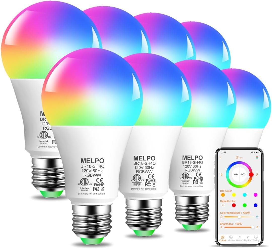 MELPO Smart RGB Light Bulbs Work with Alexa, 12W(130W Equivalent), 2700K-6000K，A19 E26 Bluetooth Color Changing Light Bulb, 16 Million Colors-DIY Flash/Fade – Timing-DIY Scenes- Music Sync (8 Pack)