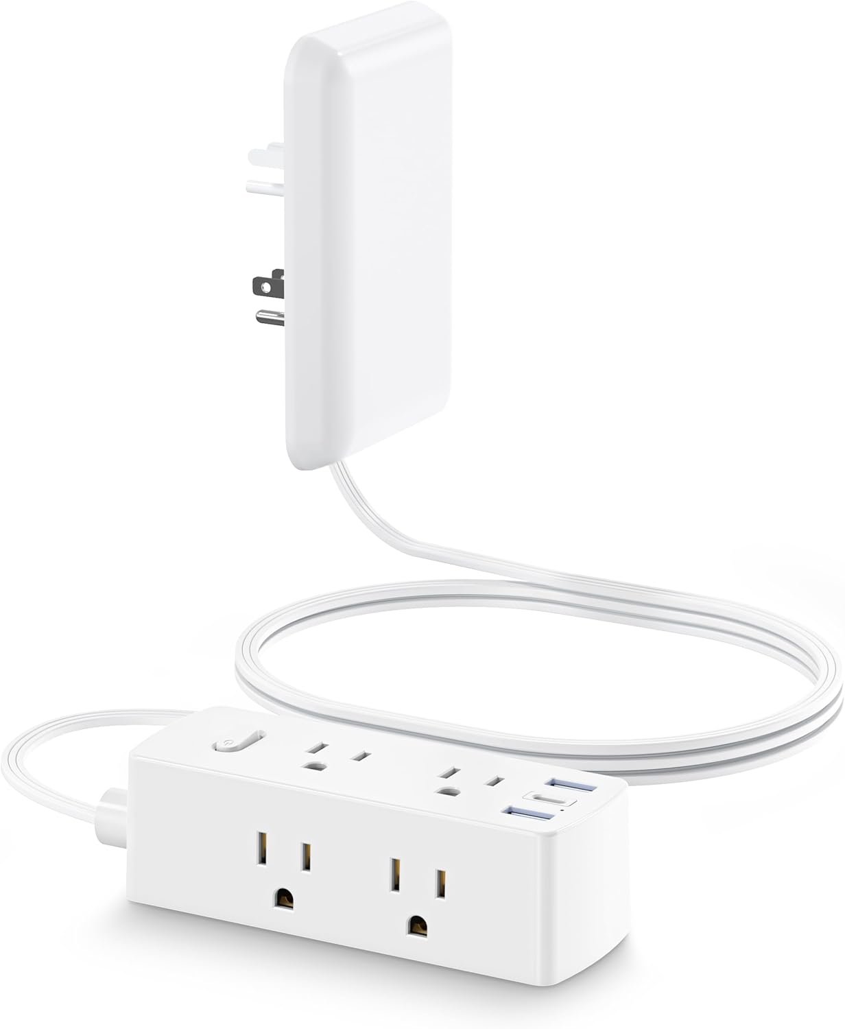 Olcorife Flat Extension Cord with Outlet Cover, Flat Plug Power Strip with 6 Outlets and 3 USB Ports, 2000 Joules Surge Protector, 5 FT Cord Hidden Outlet Extender for Tight Spaces, White