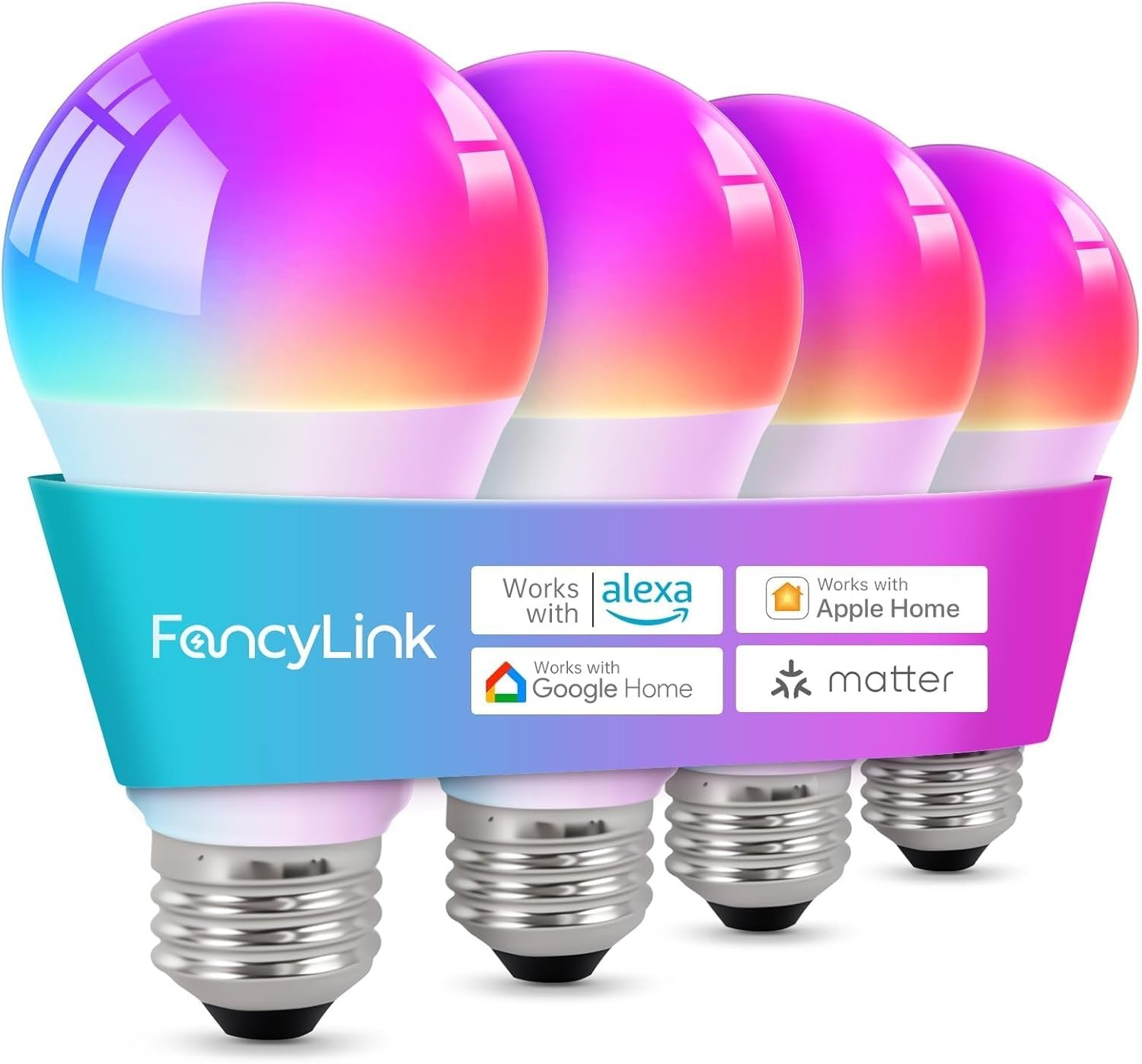 Matter Smart Light Bulbs, Color Changing Light Bulb, hub Required, A19 60W,2.4Ghz WiFi only,Compatible with Alexa Google Assistant, Apple Home,16 Million Colors RGBCW 800 Lumen,4 Pack