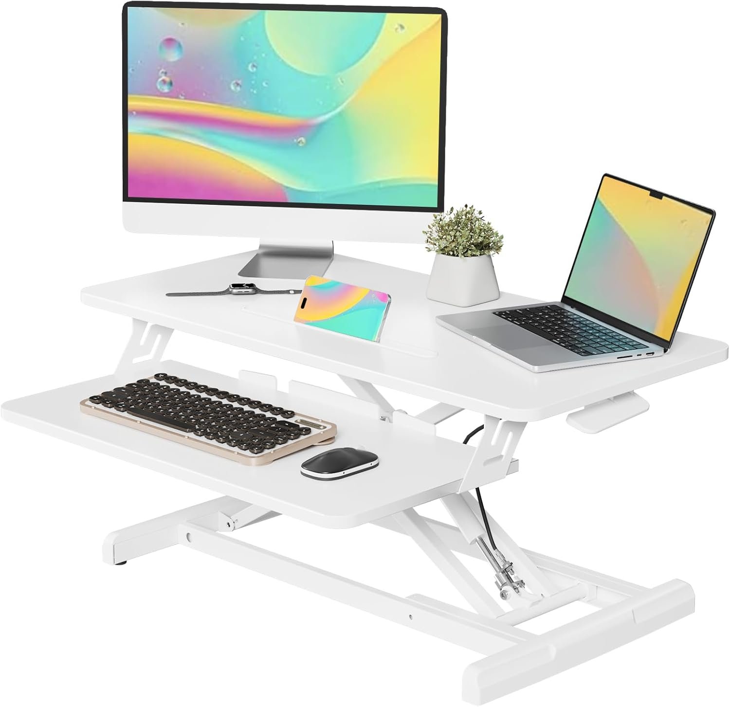 JOY worker Standing Desk Converter, 32″ Wide Height Adjustable Sit Stand Up Desk Riser with Keyboard Tray, Desktop Workstation Riser for Home Office Computer Laptop, Particle Board, White