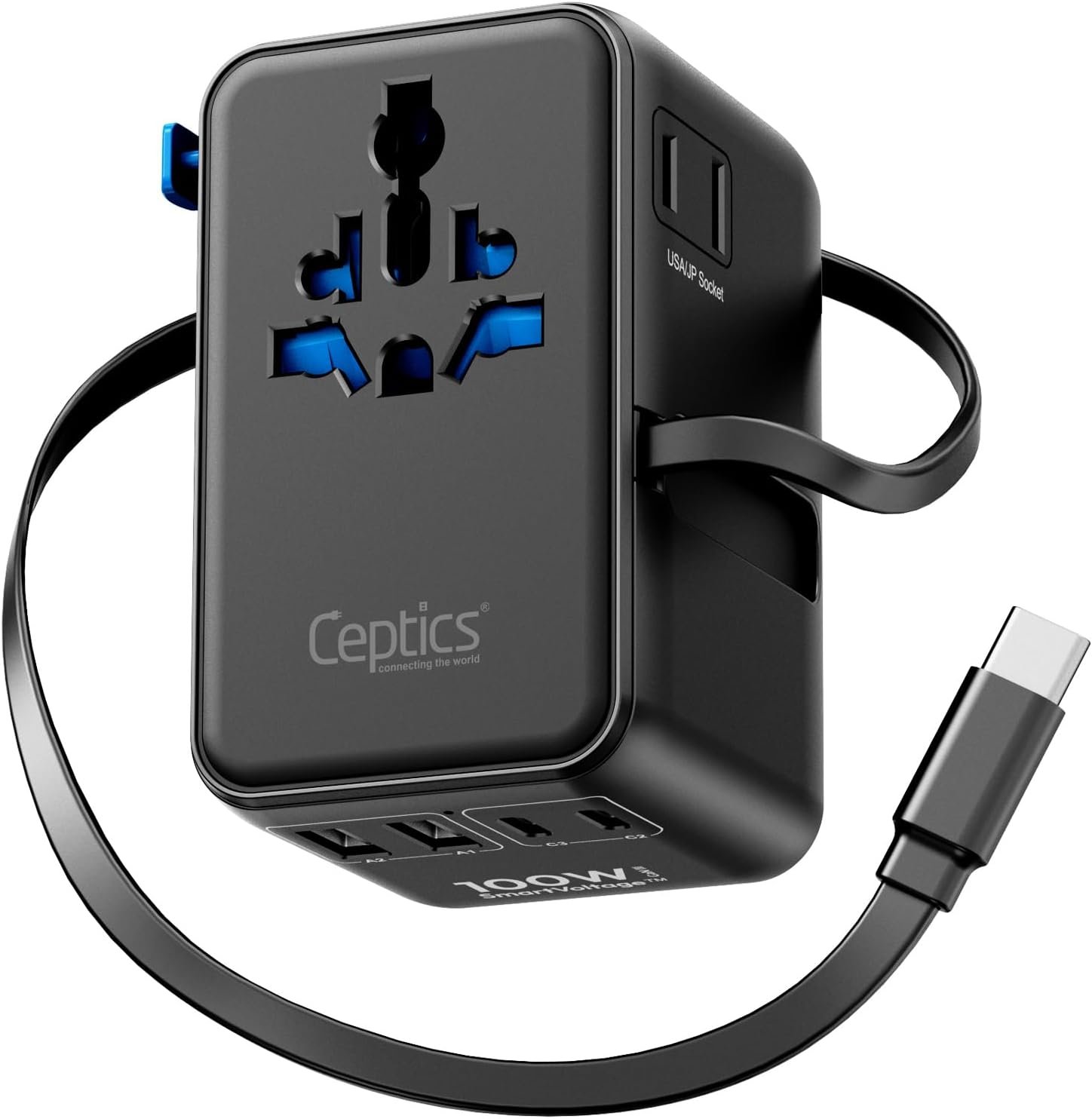 Ceptics GAN 100W Universal Travel Adapter with Retractable USB-C Cable, 2X USB-A & C, Universal Input and 1x USA/JP Input, 7 in 1 Universal Adapter for Worldwide Travel – Type A, C, G, I Output