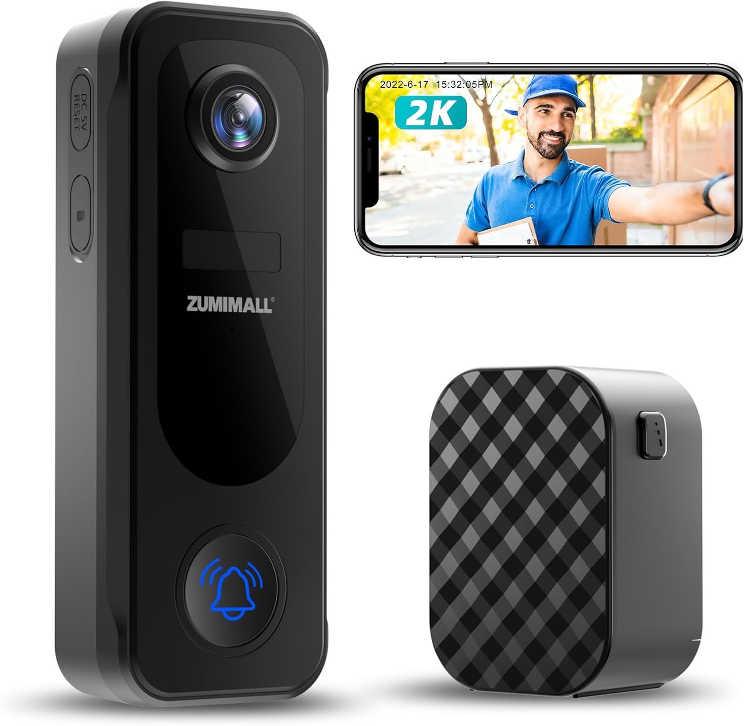 ZUMIMALL Doorbell Camera Wireless No Subscription – 2K Video Doorbell with Chime, 2 Way Audio, Anti-Theft, PIR Human/AI Detection, Local/Cloud Storage, 2.4GHz WiFi, Battery Powered, Work with Alexa