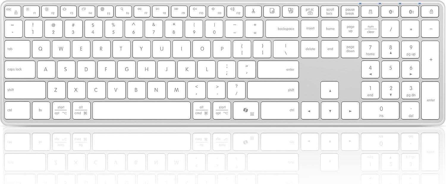 Wireless Bluetooth Keyboard Stainless Steel Multi-Device Full Size Keyboard with Numeric Keypad Low Profile Silent Cordless Keyboards Quiet Typing for Computer/Windows/PC/Laptop(Silver White)