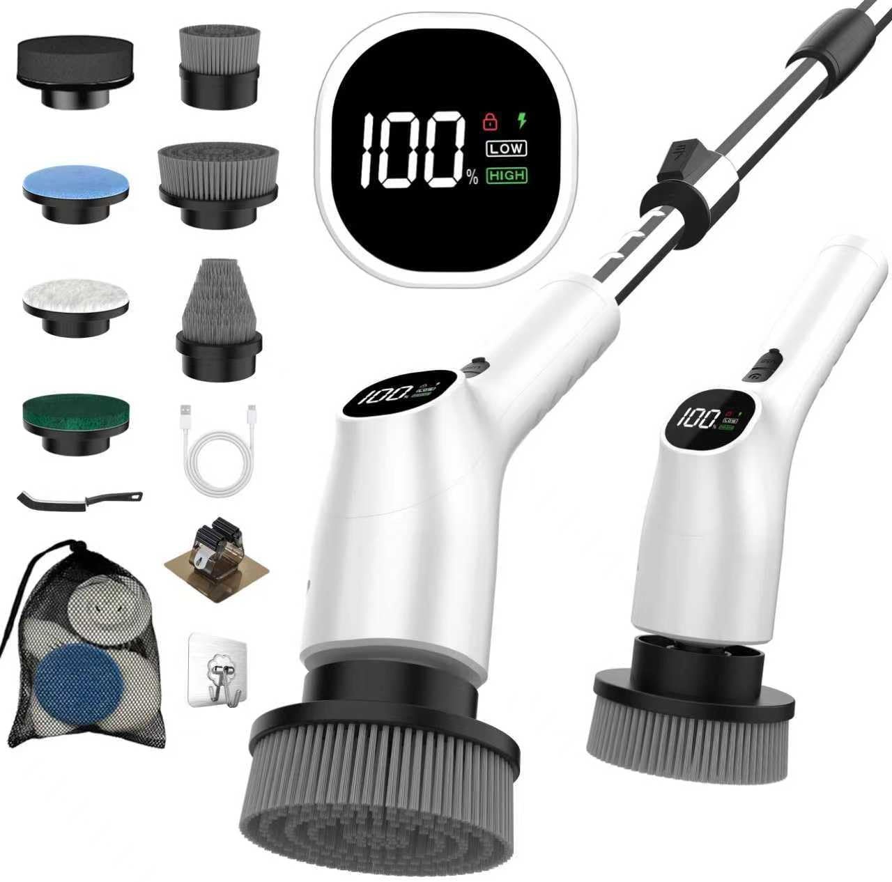 WKY-Electric Spin Scrubber – 10-in-1 Cordless Shower Scrubber & Cleaning Brush with Extendable Handle, 2 Speeds, IPX7 Waterproof Brush Heads, LED Display, Smart AI Chip,for Bathroom, Kitchen White