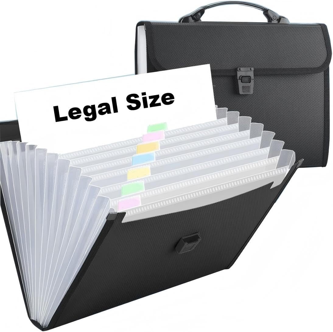 Extra Large Legal Size/Foolscap 12 Pockets Accordion File Organizer with Handle, TRANBO Portable Expanding File Folder, Expandable Plastic Document Organizer for Travel School Office – Black