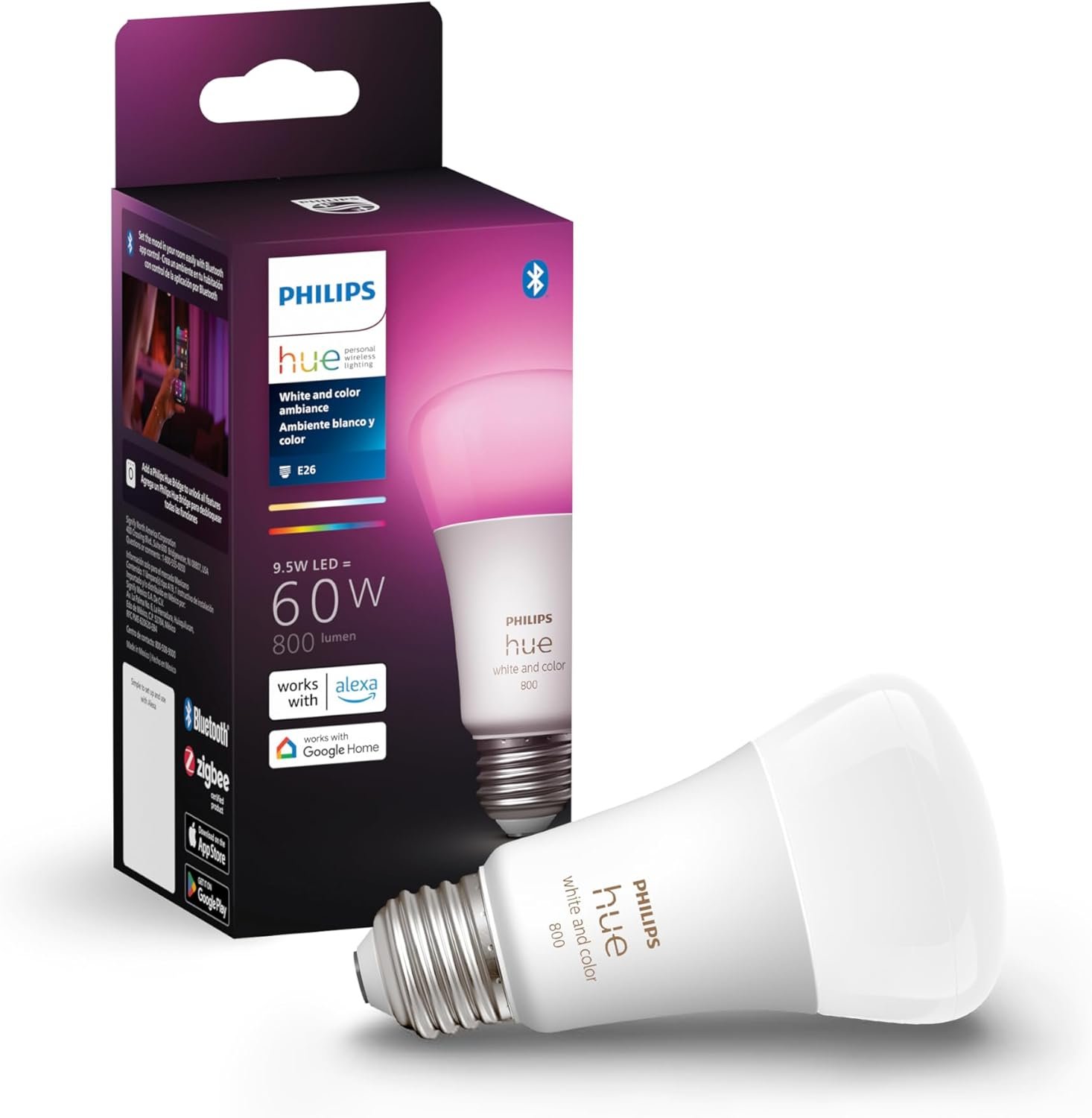 Philips Hue Smart 60W A19 LED Bulb – White and Color Ambiance Color-Changing Light – 1 Pack – 800LM – E26 – Indoor – Control with Hue App – Works with Alexa, Google Assistant and Apple Homekit