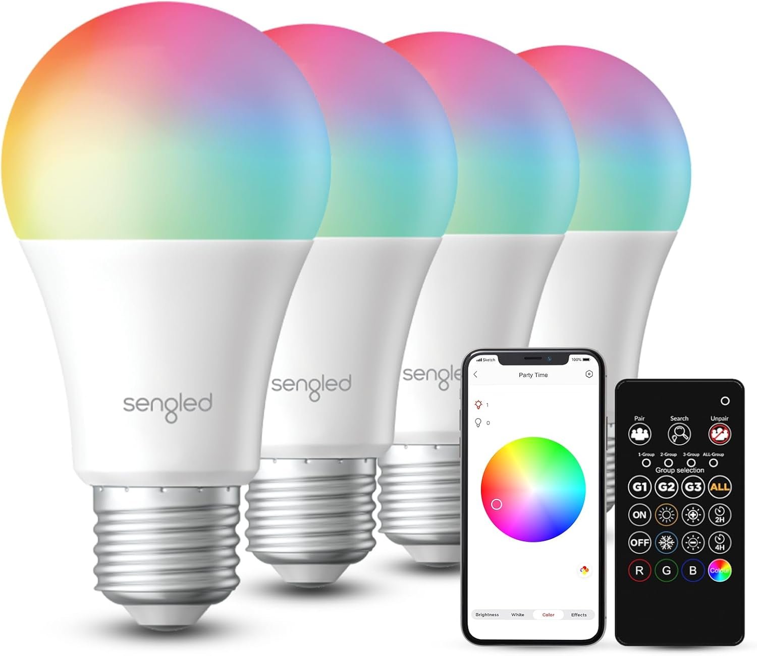 Sengled Dual Mode Smart Light Bulbs with Remote & App Control, Color Changing Light Bulbs, RGBW LED Bulbs 2700K-6500K Dimmable, 60W, Local Group Control (4P+ 1 Remote, No Support Alexa & Google)