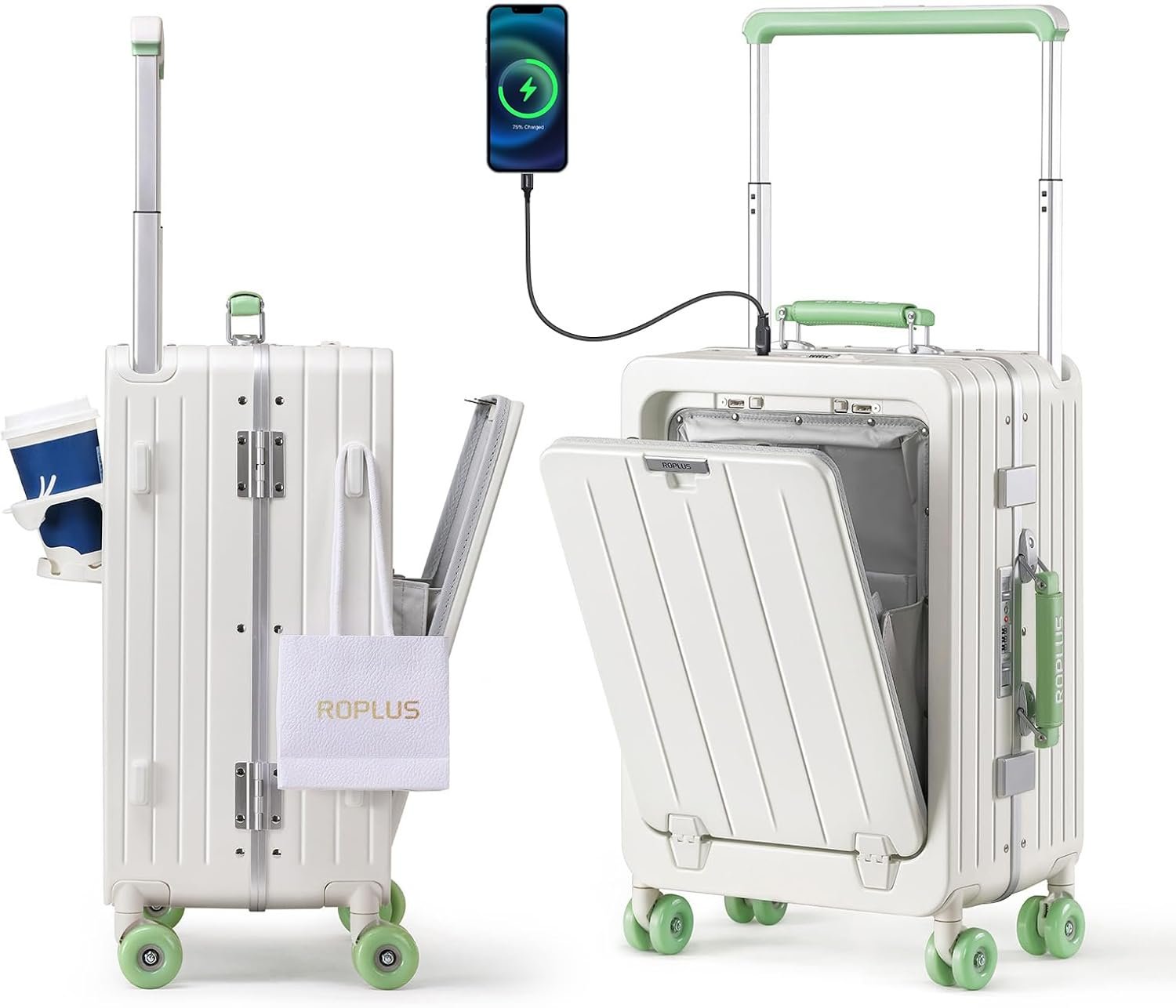ROPLUS Carry On Luggage with Front Cover Compartment, Aluminium Frame Rolling Suitcase with USB Ports, Cup Holder, TSA Lock, Skate Wheels (WhiteGreen, 21-Inch)