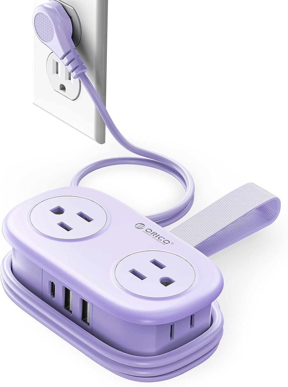 ORICO 4FT Purple Cruise Approved Travel Power Strip with 4 AC Outlets, 2 USB-A Ports, and 1 USB-C Port, 45° Flat Plug Extension Cord with Non Surge Protector for Travel/Home/Dorm/Office-AP3