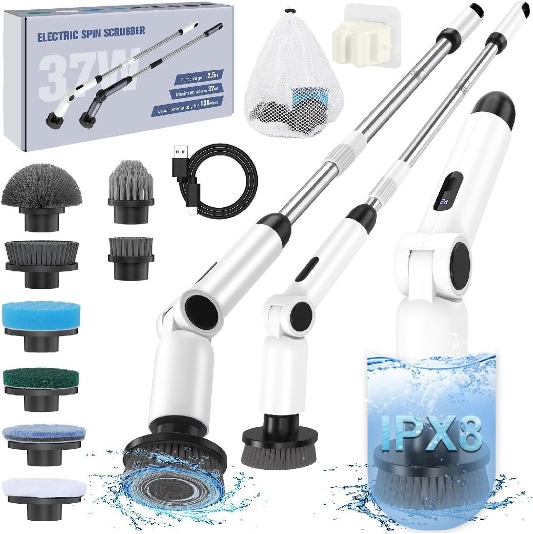 Electric Spin Scrubber, [IPX8 Waterproof ] [50KG Torque] Shower Scrubber with 9 Brush Heads, 2 Speed Mode, 4 Adjustable Angles, Electric Brush for Cleaning for Bathroom Floor Tile