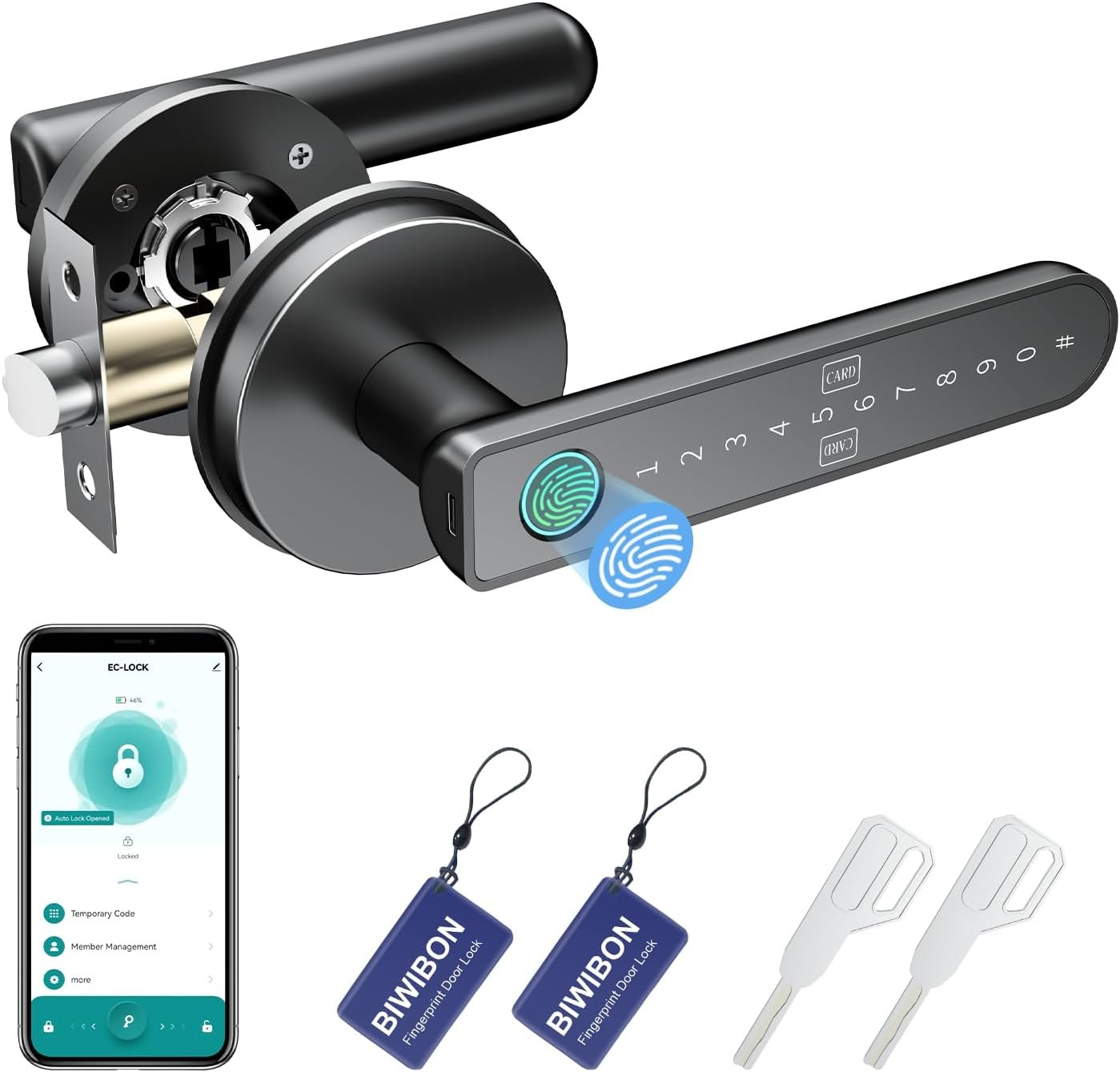 BIWIBON Fingerprint Door Lock – Fingerprint Door Knob with 5 Unlock Options, Anti-Peep Code, Adjustable Auto-Lock, Inside Lock, for Home, Office, Apartment, Bedroom – Black