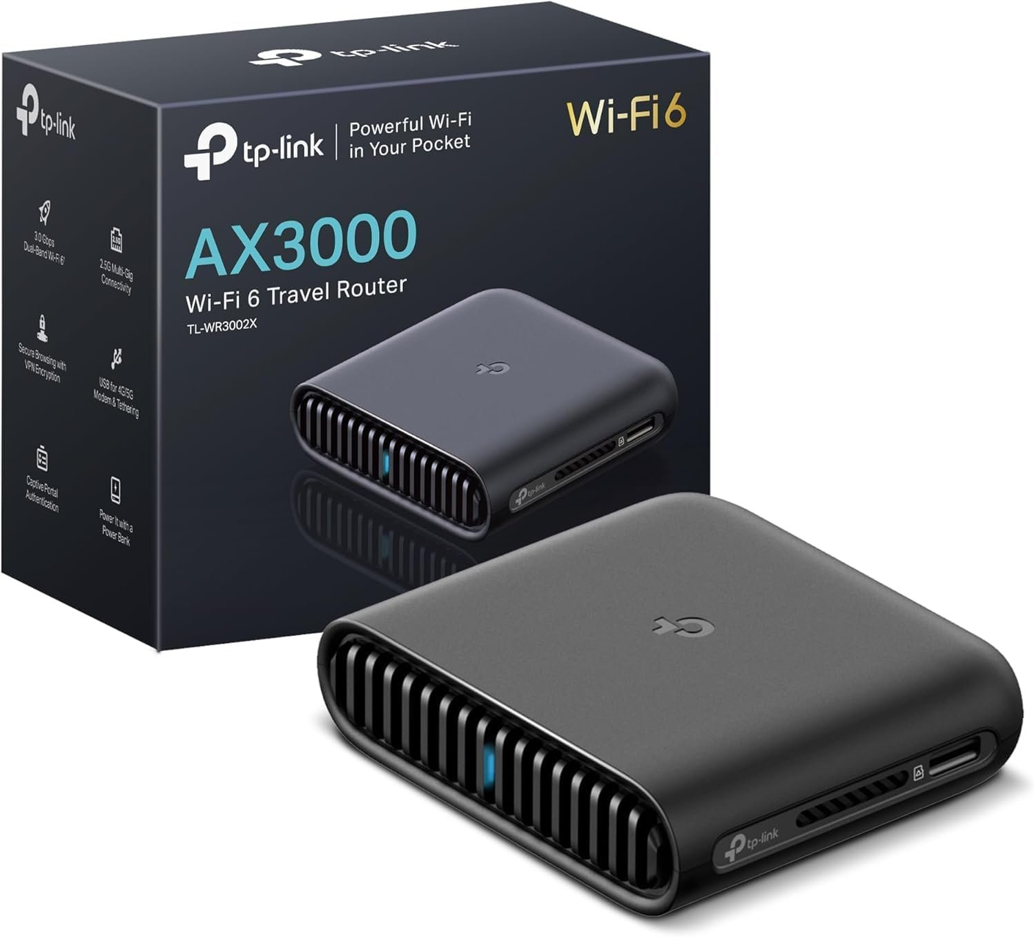 TP-Link Roam 6 AX3000 Dual-Band Wi-Fi 6 Travel Router – Multi-Gig Portable, OpenVPN, WireGuard, Public Network Sharing, Hotel/Cruise Approved, Phone Tethering, USB 3.0, Multi-Mode – TL-WR3002X