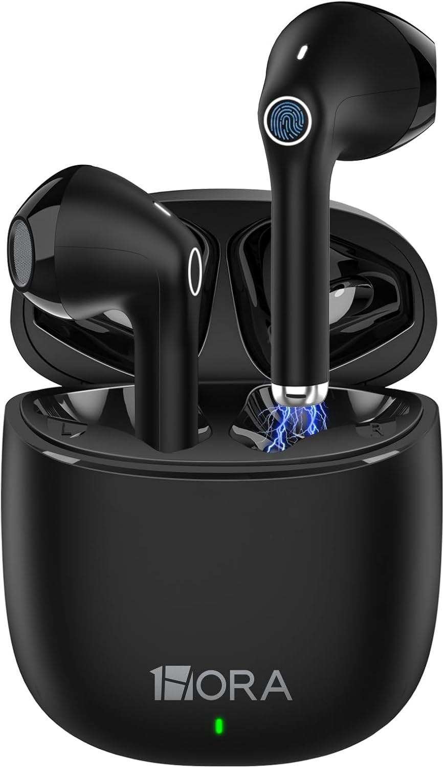 1 Hora Wireless Earbuds, Bluetooth 5.3 Ear Buds with Charging Case, Clear Calls, Deep Bass, Touch Control, Lightweight in-Ear Headphones Compatible with iPhone Android