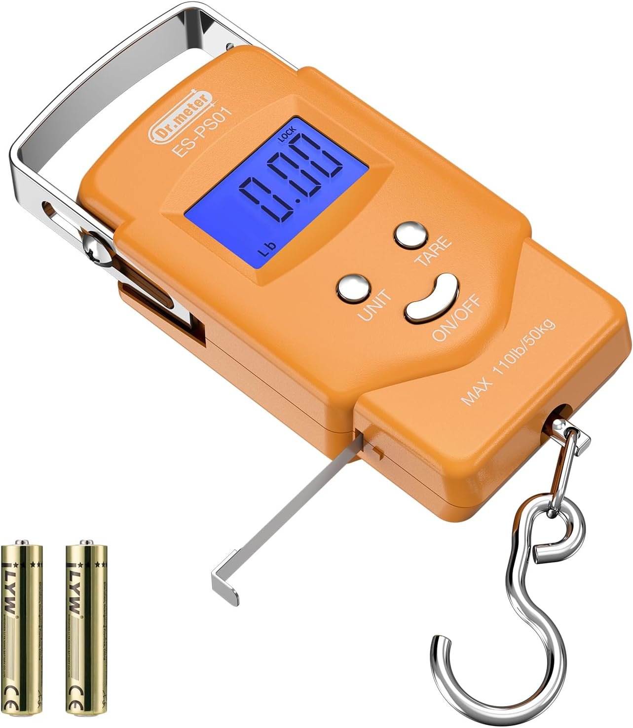 Dr.meter Fish Scale Luggage Scale Fishing Gear – 110lb Backlit LCD Display Digital Scale with Built-in Measuring Tape – Fishing Scale with 2 AAA Batteries, Pocket Size – Fishing Gifts for Men