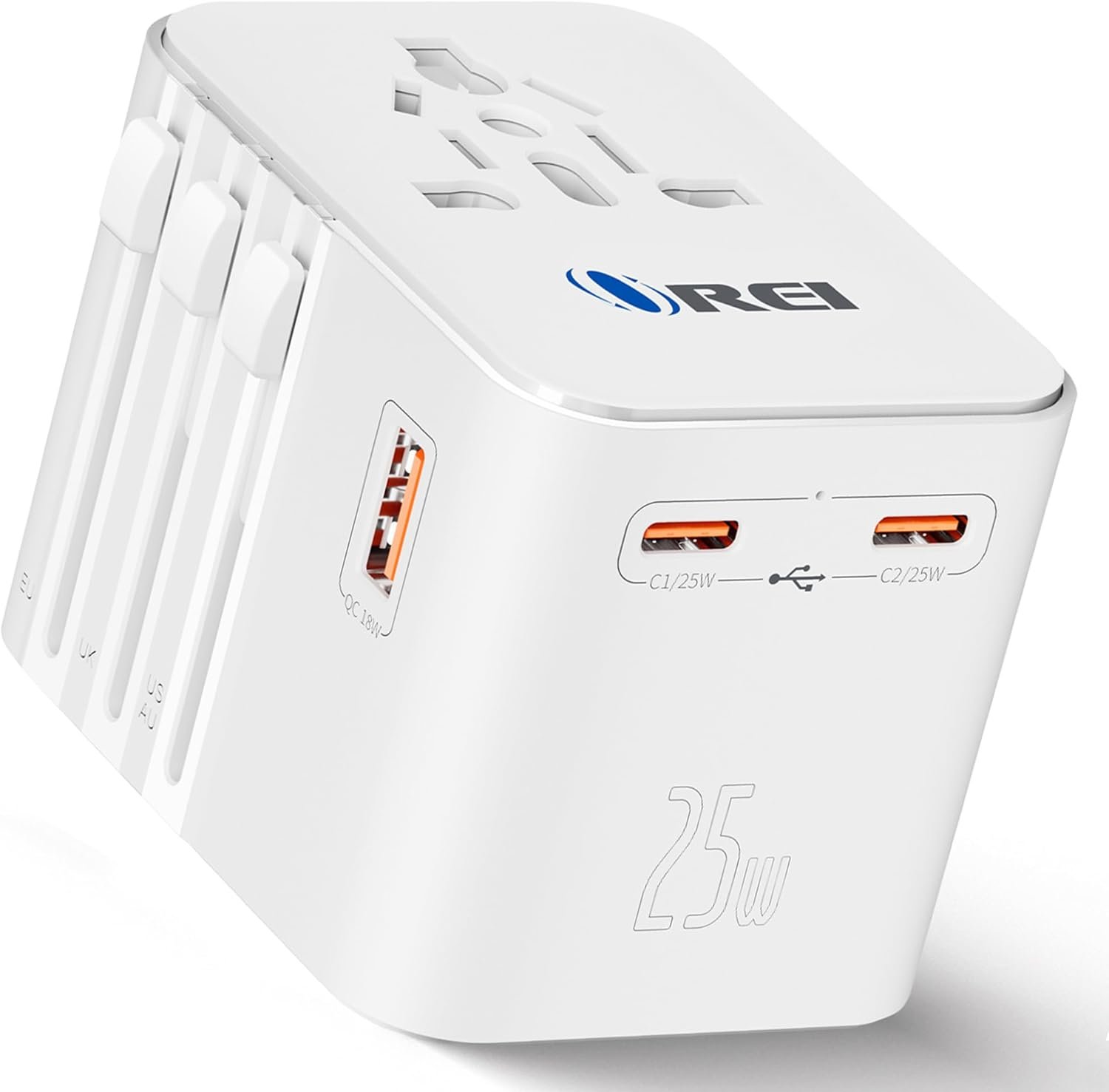 OREI 25Watt Universal Travel Adapter | 2X USBC 1XUSB A – 4-in-1 Universal Power Adapter | Universal Chargers for All Devices compatible 150+ Countries | Type C, A, G, I Compatible