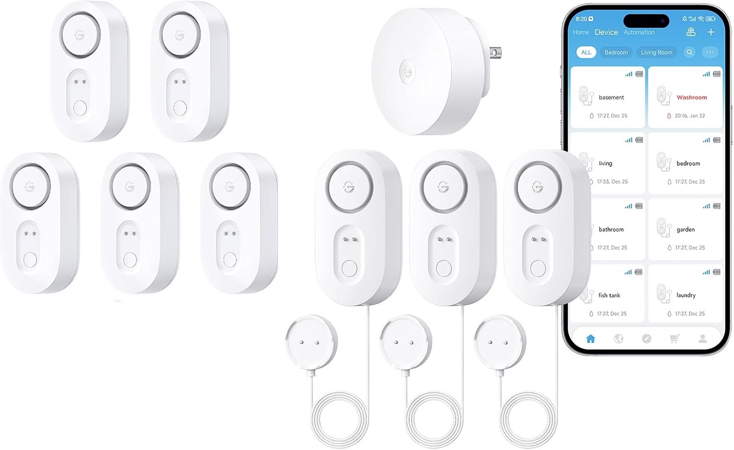 GoveeLife Upgraded Smart Water Leak Detector 1s and with Water Leak Detector 1s Sensor Cable,WiFi Water Sensor with SMS/Email/APP Push and Sound Alarm, 5-Year Battery Life, Suit for Home, Basement