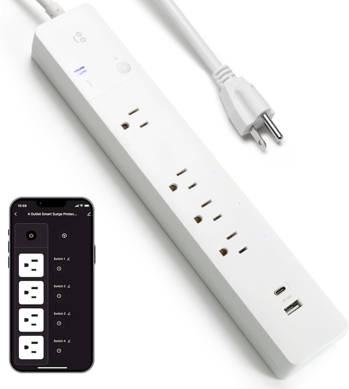 Geeni Multi Outlet Plug in, Smart 4 Outlet Wall Plug Plus 2 USB Ports, Surge Protector with 6 Ft Cord, WiFi Control, Alexa & Google Home Compatible, White