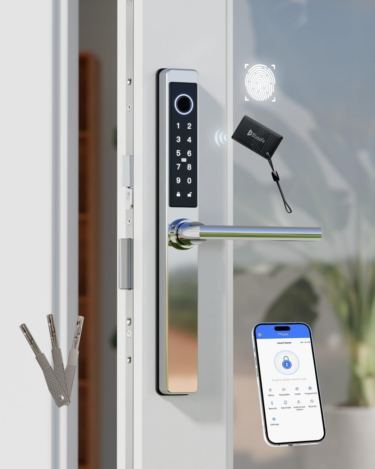 Electronic Smart Door Lock Fingerprint Door Lock with Keypad，Smart Lock for Front Door Children Proof IC Card, App Control & Mechanical Key