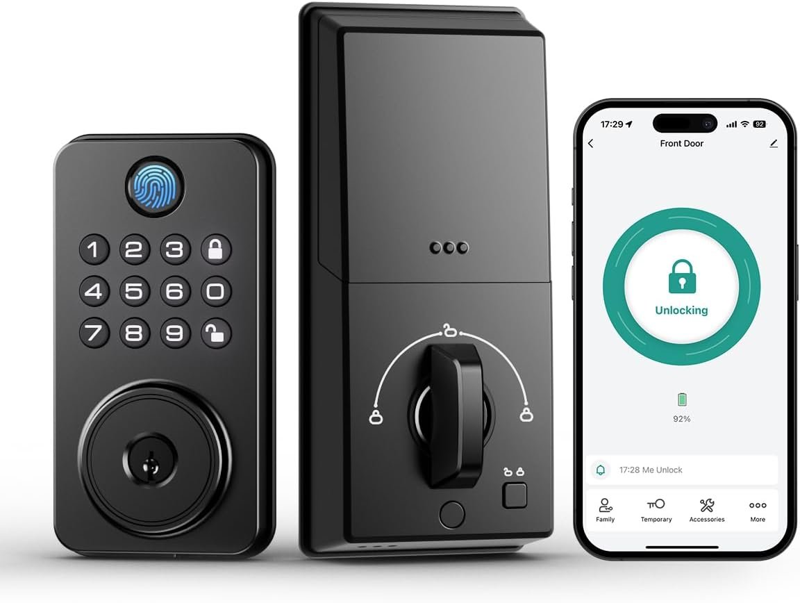 Fingerprint Door Lock with Handle, Smart Keyless Entry Door Lock with App, Stores 50 Fingerprints and 50 User Codes, IP65 Weatherproof Keypad Deadbolt for Front & Interior Doors, Auto-Lock, Black