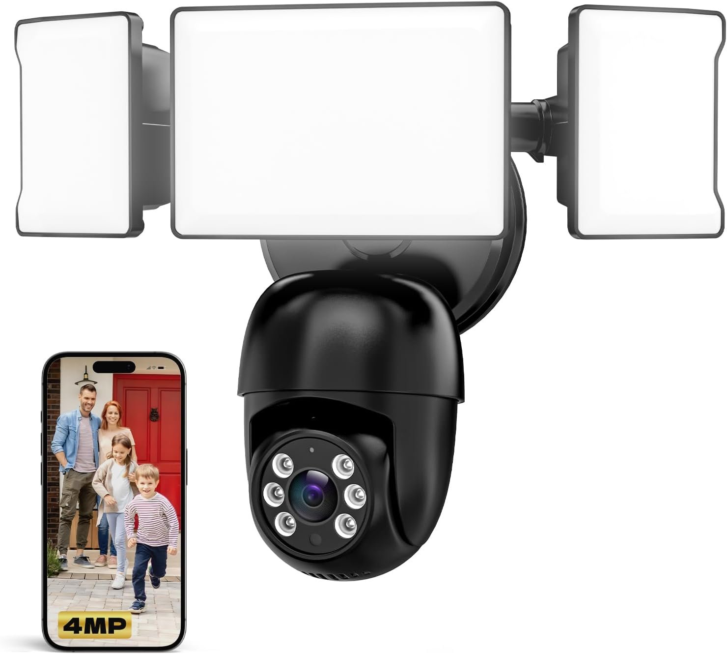 Olafus Floodlight Camera Outdoor, 2K QHD Flood Lights Security Cam Wired, Motion Activated, Color Night Vision, 2 Way Talk Black
